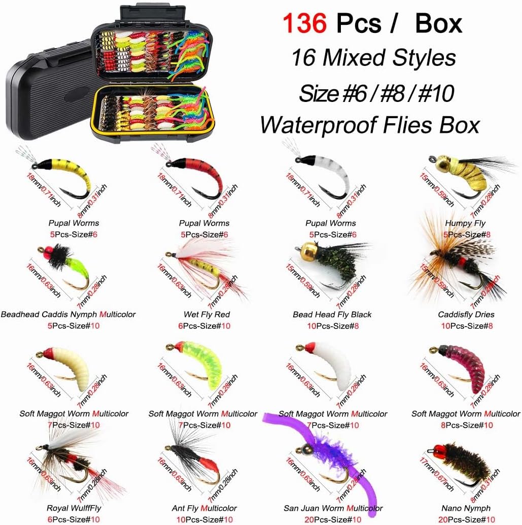 136Pcs/Box Fly Fishing Flies Kit Handmade Fly Fishing Lures Dry/Wet Flies for Trout Bass Salmon Perch with Waterproof Fly Box