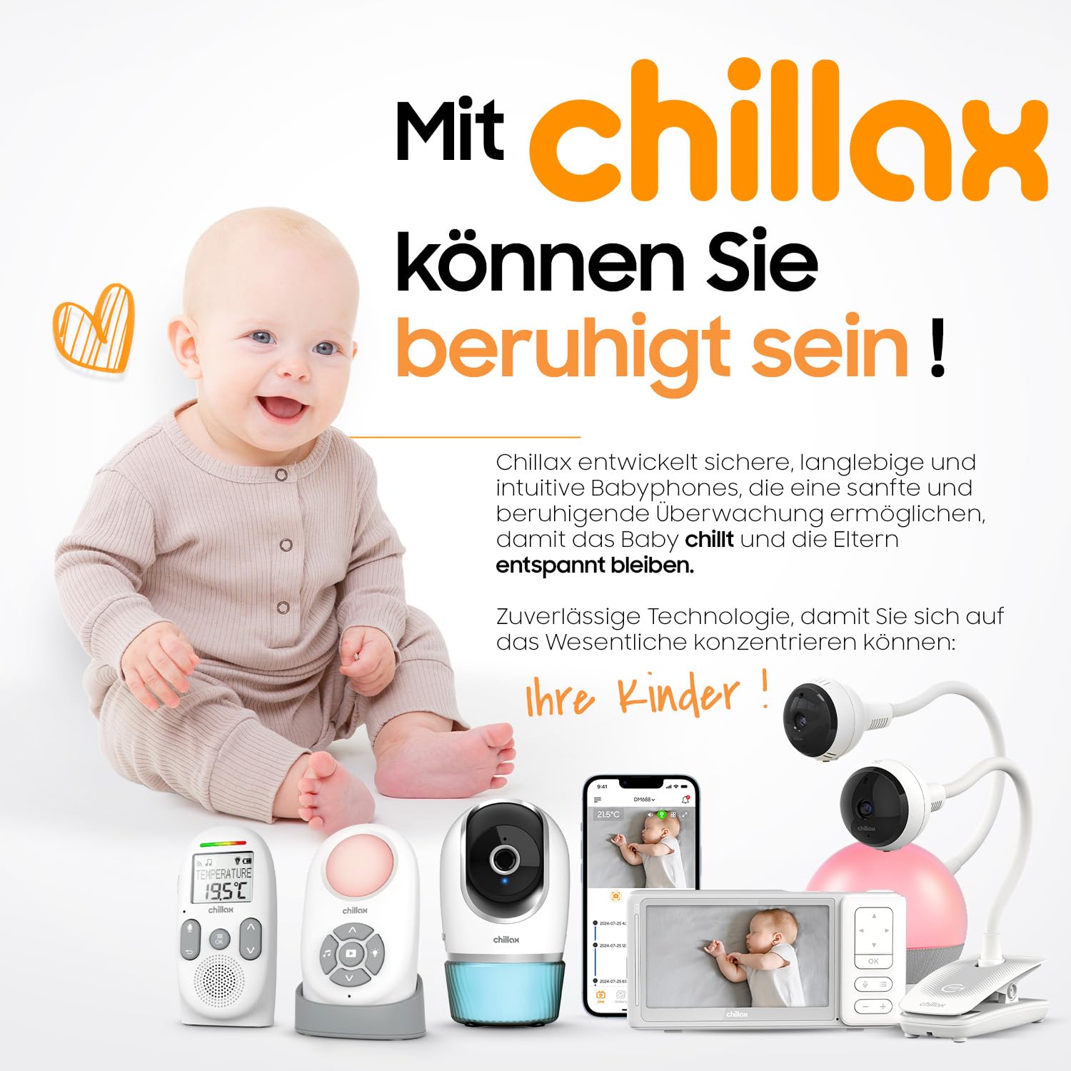 CHILLAX - Audio-Babyphone CB360 Portable - DECT - 2 schnurlose Einheiten - VOX & Eco Modus - Temperatursensor - Gegensprechfunktion - 340 m Reichweite - Nachtlicht & 5 Wiegenlieder - 13 h Akkulaufzeit