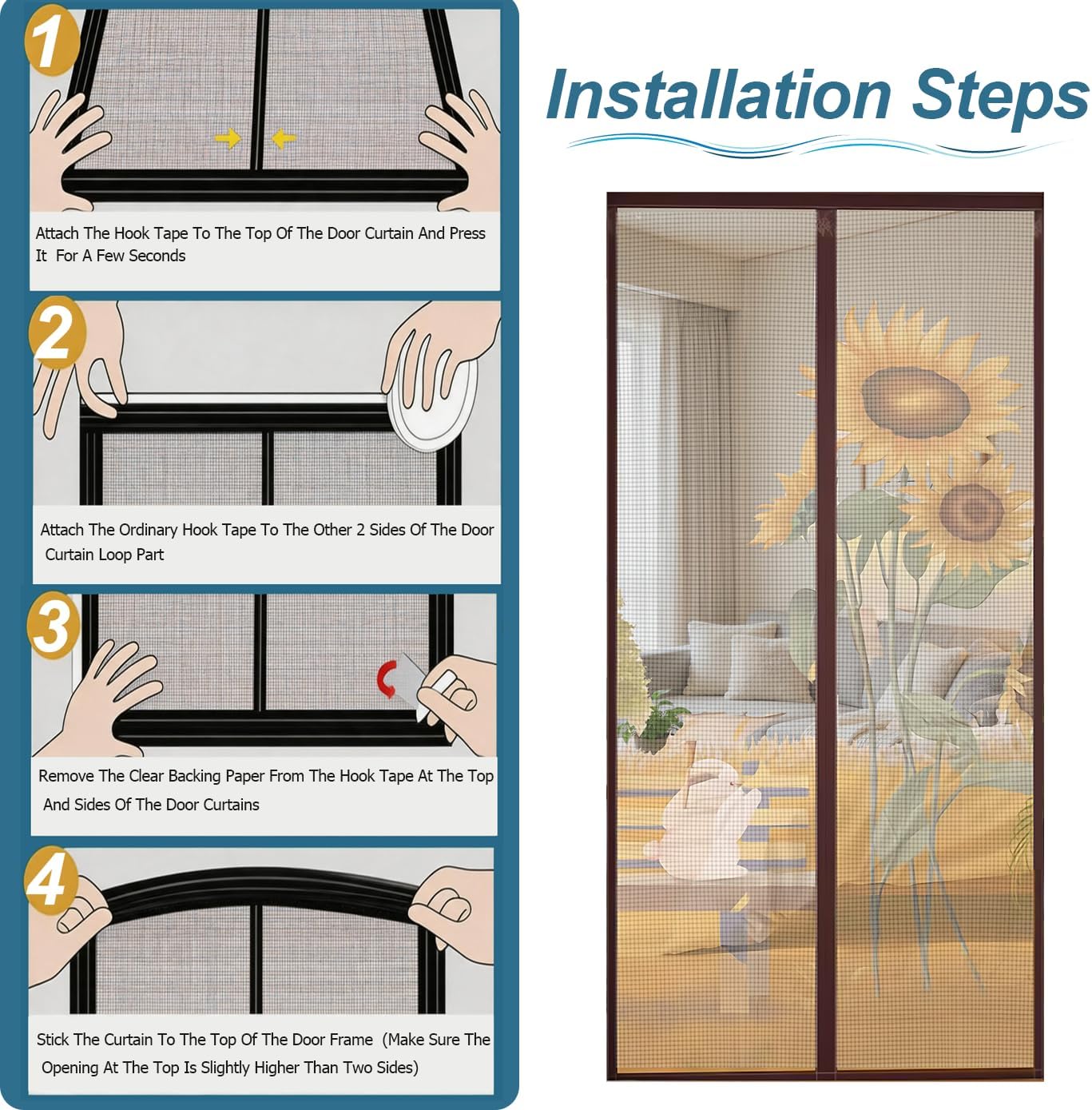 (Fine Mesh) Magnetic Screen Door 39 x 83 Inch Hands Free Door Screen with Magnetic Closure Fine Mesh Screen Net Hook and Loop Installation for Patio Porch Balcony Front Door Sunflower Rabbit Pattern
