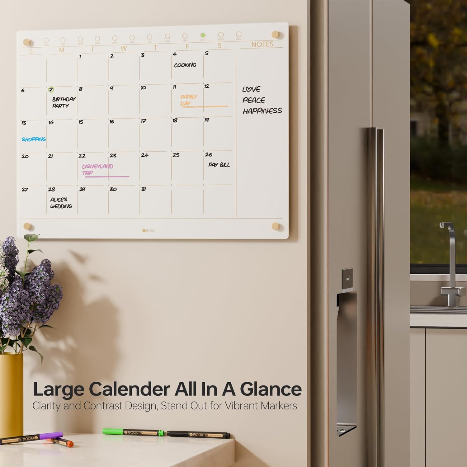 Glass Golden Monthly Dry Erase Calendar Whiteboard for Wall, 17" x 23", Frameless Large Monthly Planner Menu White Board for Home Kitchen, Office, 4 Wet Erase Markers Included, Yeoux