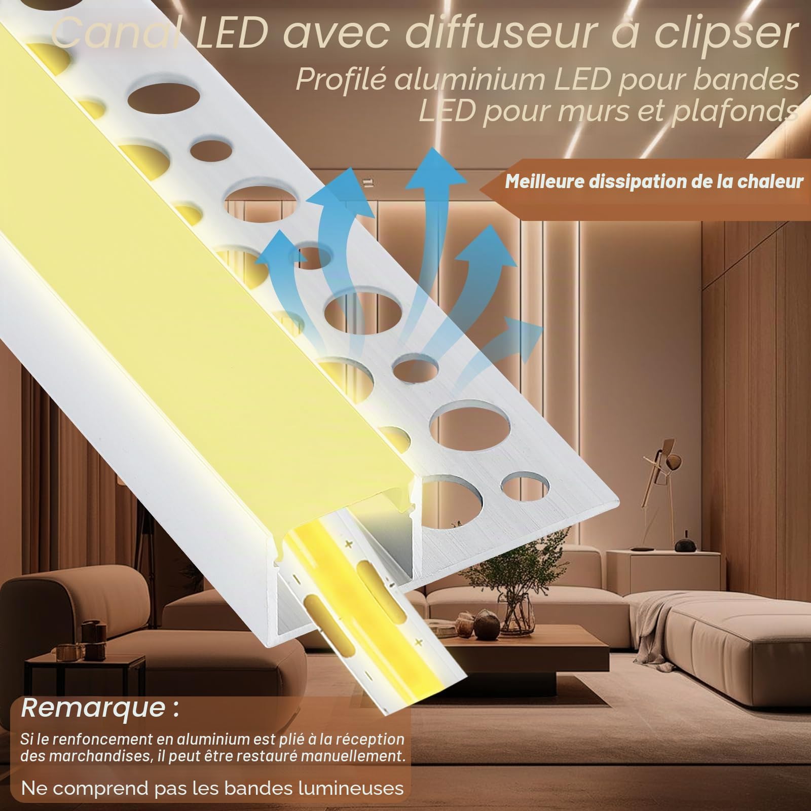 Profilé en aluminium pour panneaux de 1 m avec diffuseurs LED encastrés et couvercle blanc laiteux, 6 bandes de 1 m (B, pour bandes LED de 12 mm)