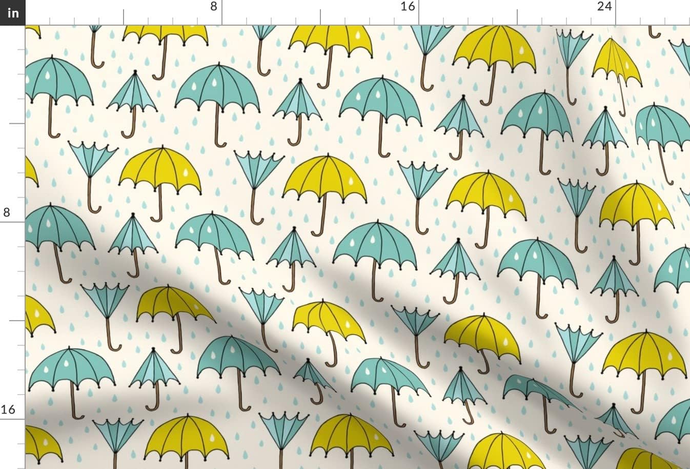 Spoonflower Fabric - Umbrella Day Rain Raindrops Drops Chartreuse Teal Umbrellas Gender Printed on Upholstery Velvet Fabric Fat Quarter - Upholstery Home Decor Bottomweight Apparel