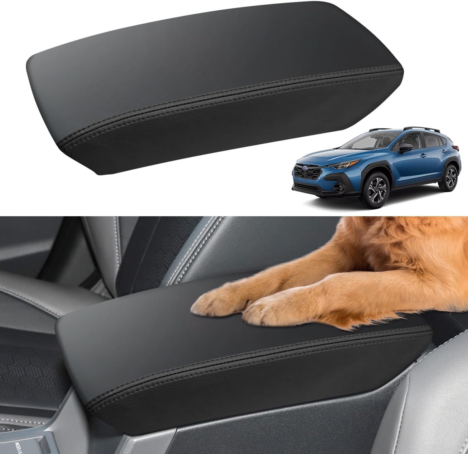 Center Console Armrest Cover for Subaru Crosstrek Accessories 2024 2025 Impreza 2024 Arm Rest Box Lid Protection Armrest Seat Cover Leather Interior, Middle Console Liner (Black Stitches)