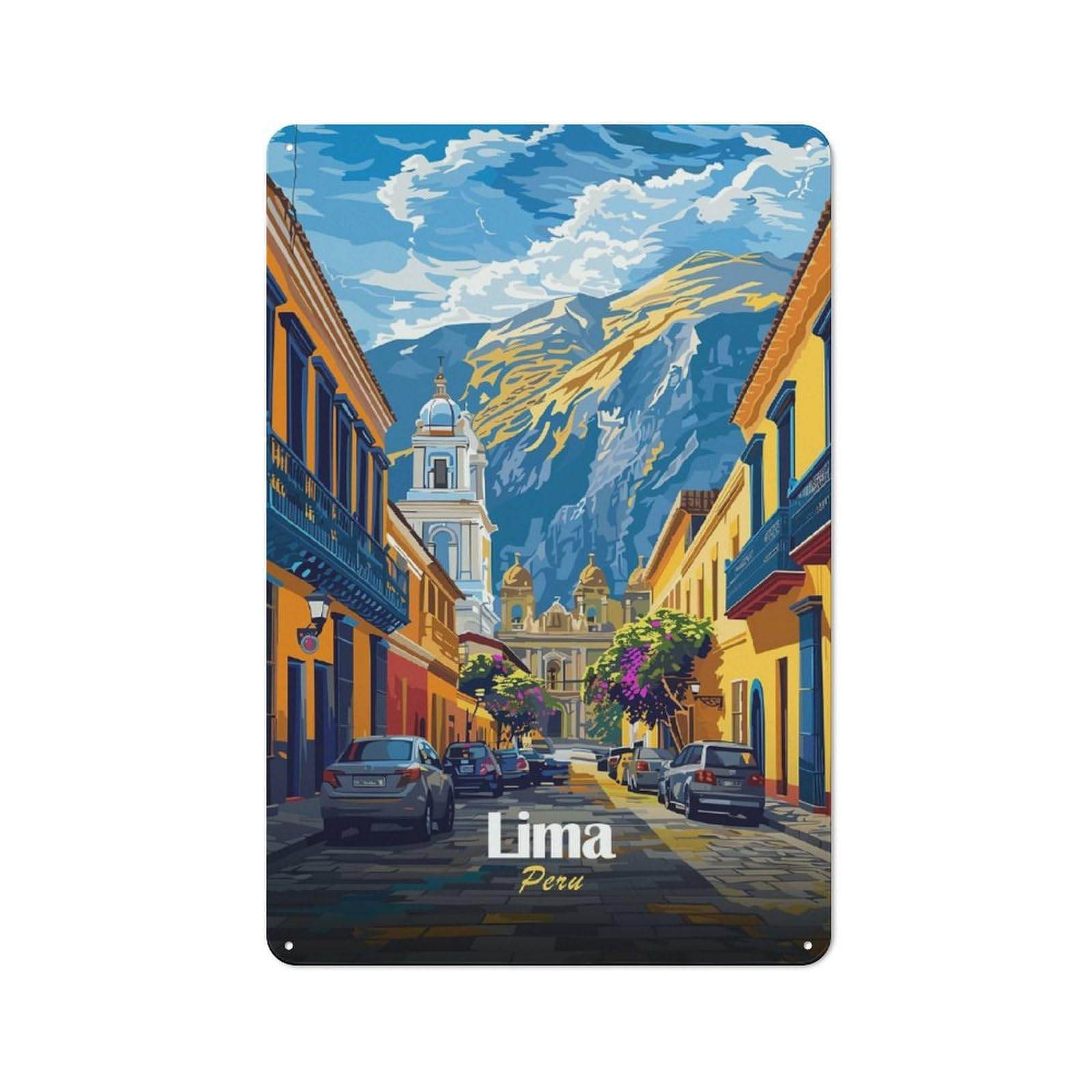 Junmoney Style-4 Lima, Peru Cityscape Illustration Decorative Metal Wall Decor 30X20cm, Metal Gift Sign For Hallway, Home Bar, Garage Or Study