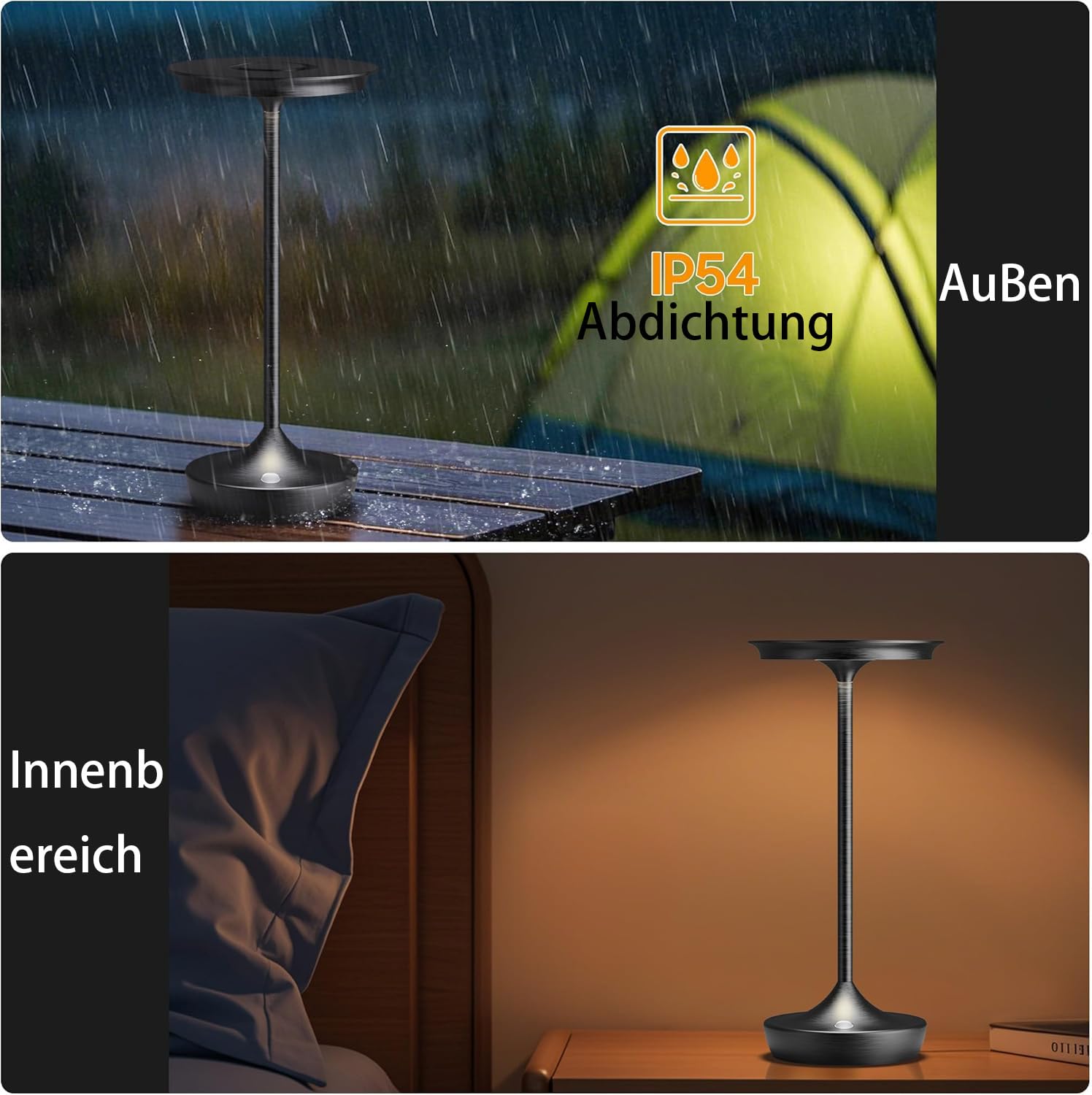 Tischlampe Kabellos IP54 Led Outdoor Lampe 6000mAh Akku Camping Schreibtischlampe Aufladbar Nachttischlampe Touch Dimmbar in 3 Farben Tischleuchte für Innen/Außen (2-Schwarz)