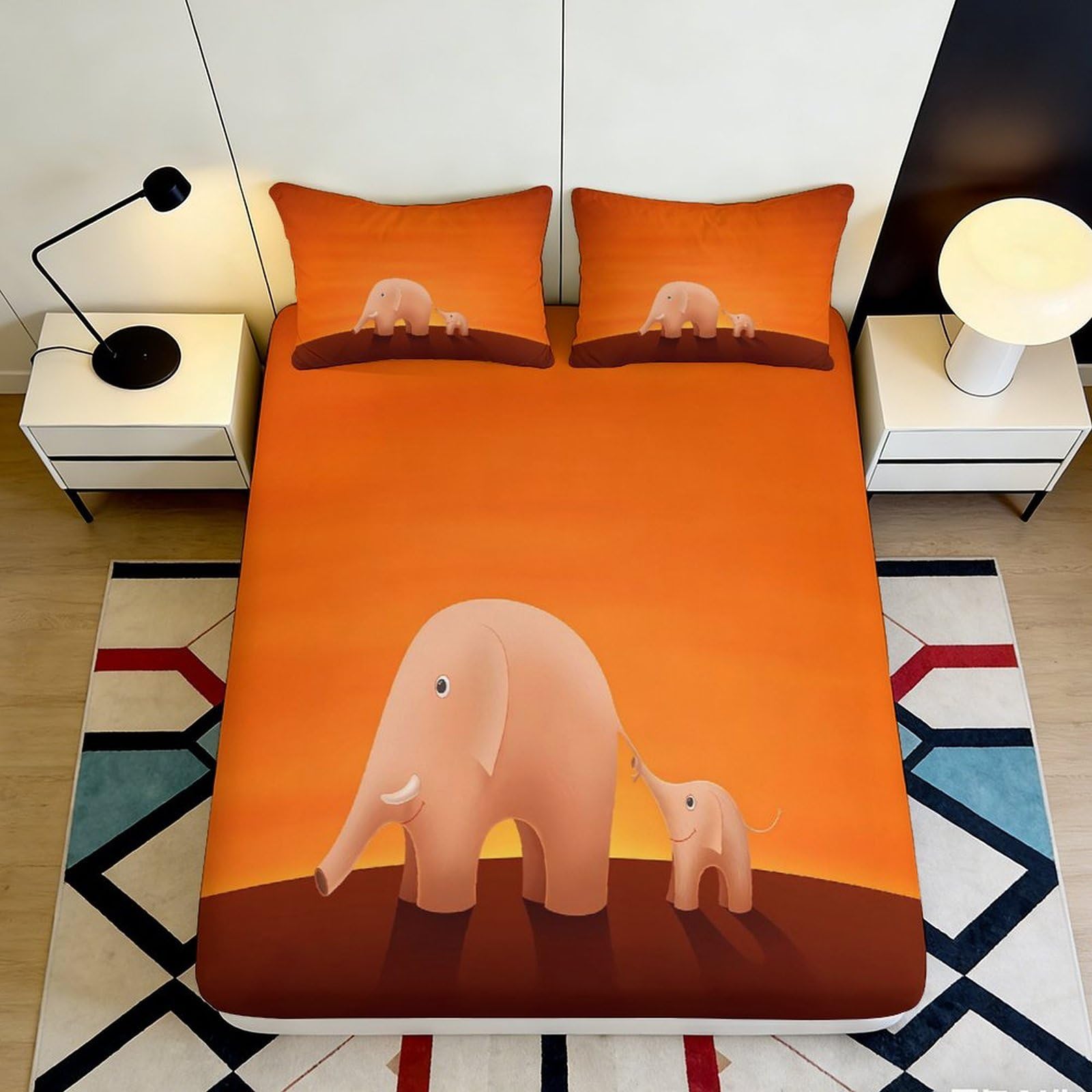 Uxinyoume Style-6 3D Printed Orange Elephant Fitted Sheet Microfiber Soft Breathable Animal Family Bed Cover For Bedroom Guest Room Decor 90X200x25cm