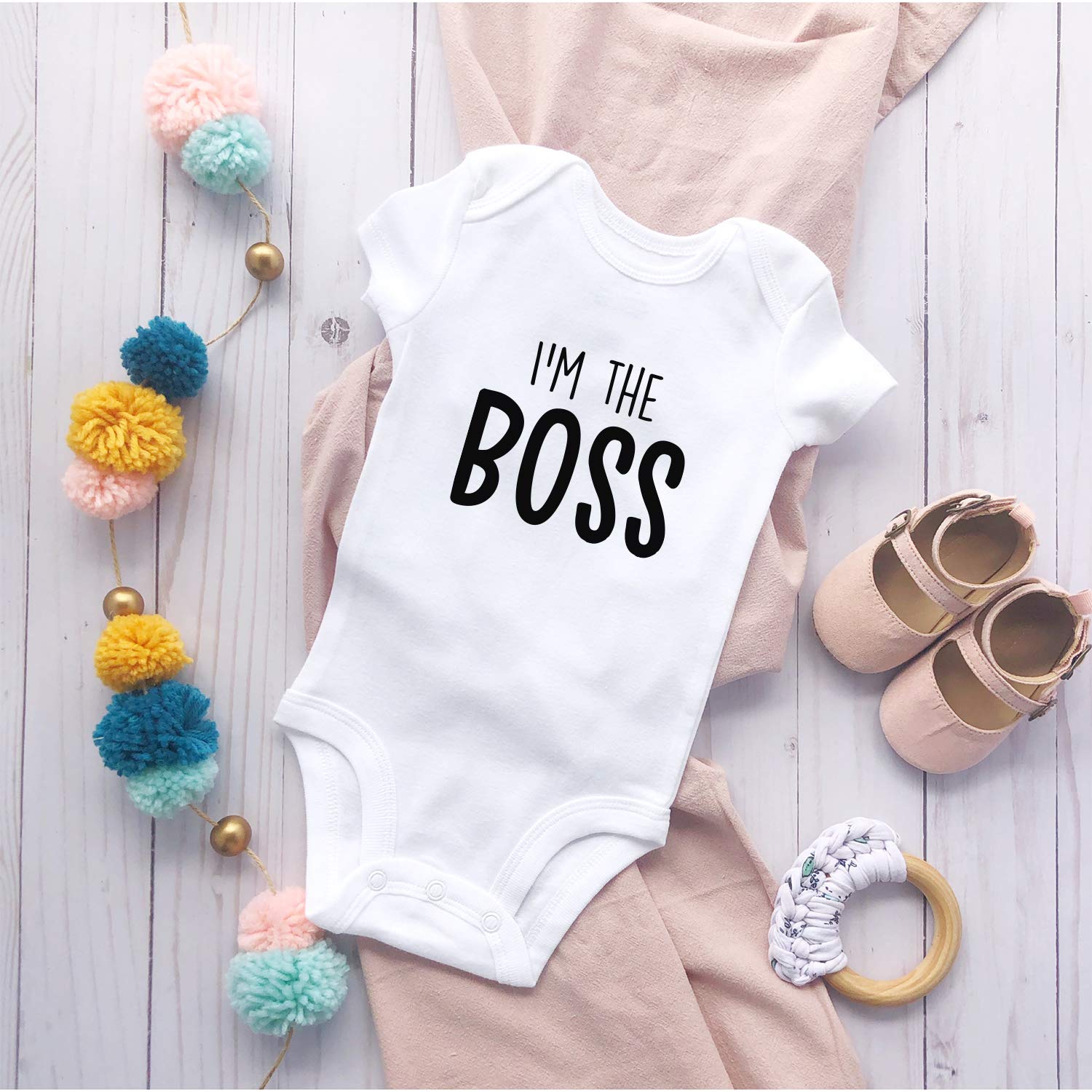 Printique Organic Baby One Piece Short Sleeve Cute Love , 0-12 Months - I'm The Boss BodySuit, White, 0-3 Months