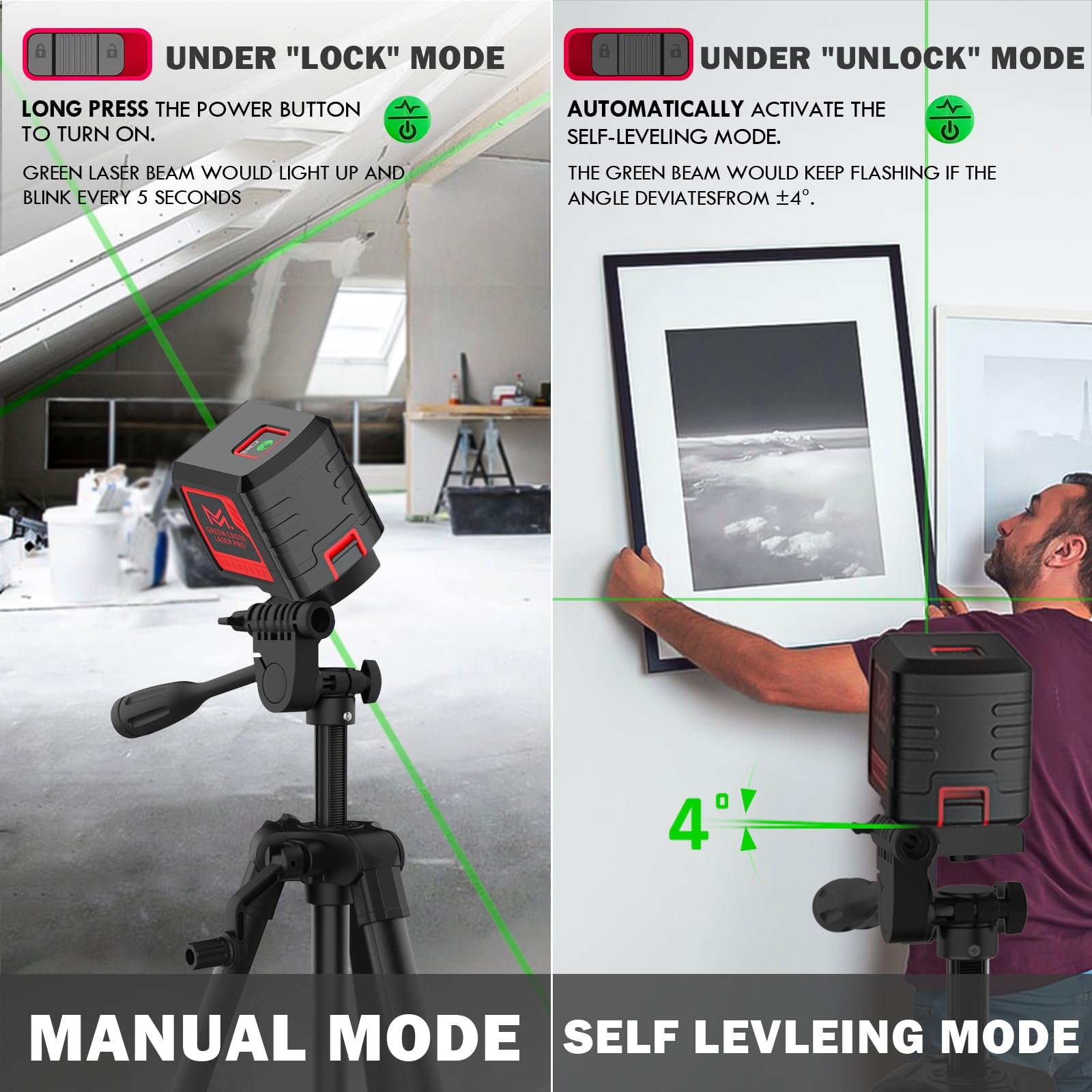 Motovera Laser Level - 100ft Green Line, DIY & Construction -4