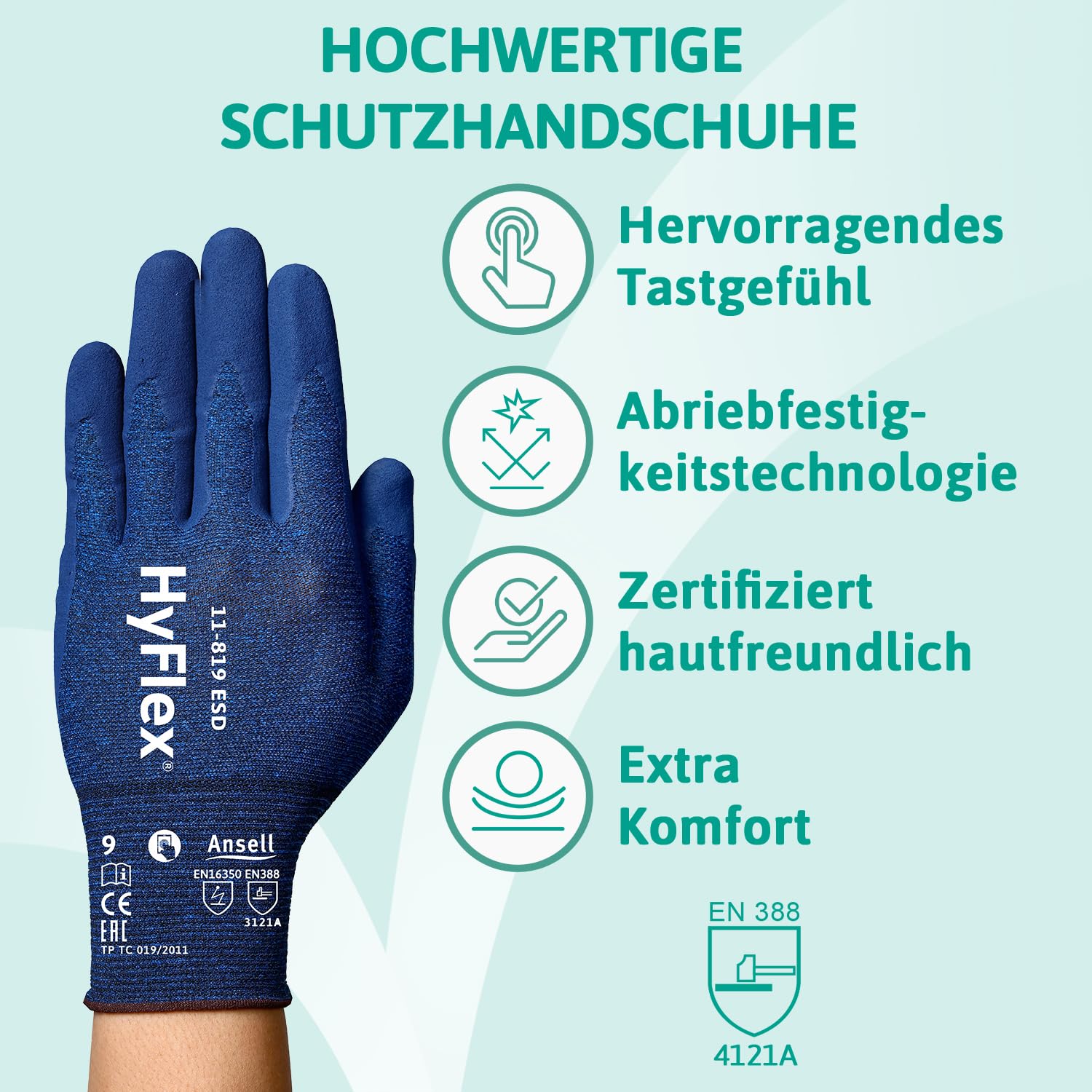 Ansell HyFlex 11-819 Dünne Arbeitshandschuhe, Rutschfeste Nitril-Beschichtung, Schutzhandschuhe vor Elektrostatischen Entladungen, Antistatisch, TouchScreen, Blau, Größe L (12 Paar)