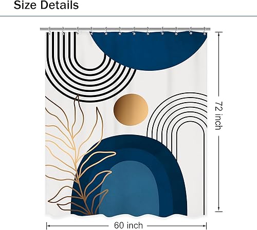 Miniatura 6 de Cortina de ducha bohemia moderna de mediados de siglo, 60 pulgadas de ancho x 72 pulgadas de largo, diseño abstracto azul marino, arco iris, hojas