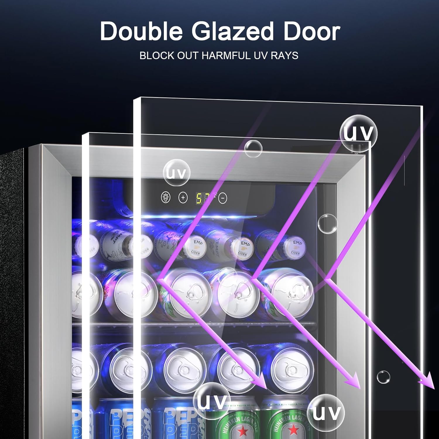 Antarctic Star 48 Can Beverage Refrigerator,12 Bottle Wine Cooler with Stainless Steel Glass Door, Digital Temperature Display,Electronic Temperature Control, Silver Silver 1.3Cu.ft