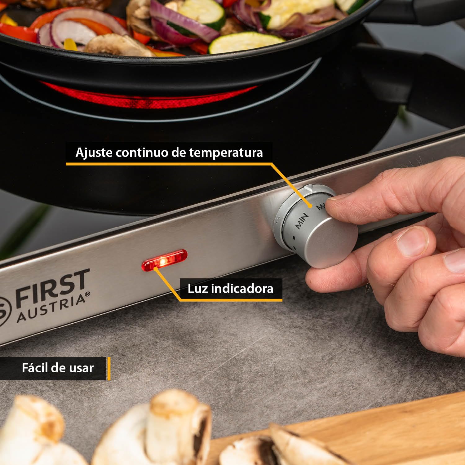 TZS First Austria - Placa de cocción doble infrarrojos vitrocerámica TODOS los tipos de ollas 2800W - Mini Hornillo eléctrico para mudanza, camping y hogar - Regulación continua y luz de control