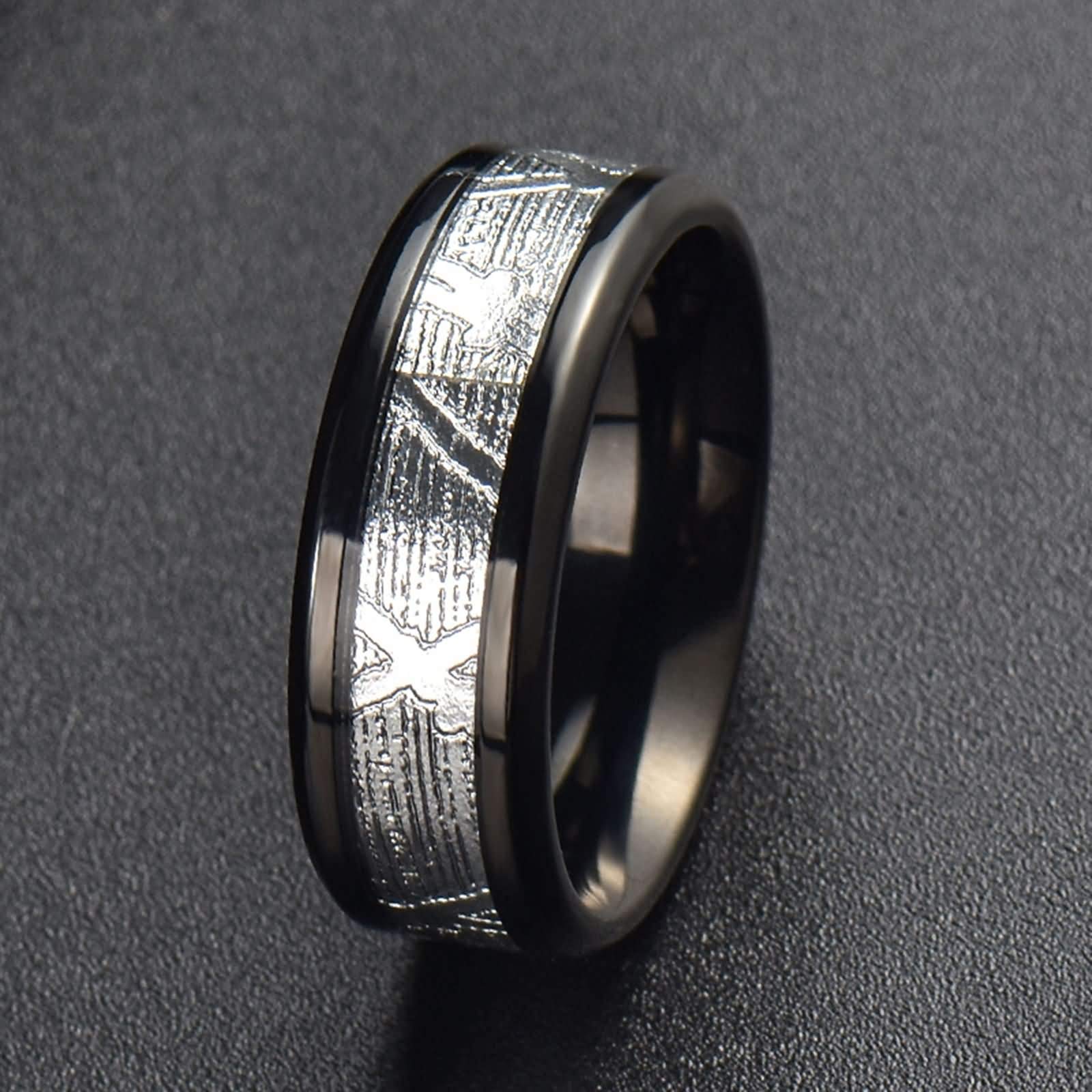 Anello Carburo di Tungsteno Anello con Meteorite Inserto Anello Uomo Fedina Incisione 8MM Anello Tungsteno Nero Argento Misura 12-31