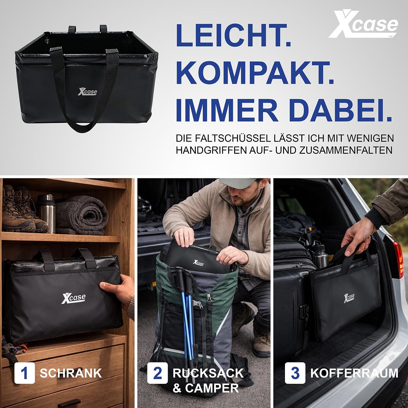 Xcase Faltschüssel Camping: 4er-Set Outdoor-Faltschüsseln, 2 Henkel, 20 l, bis zu 30 kg Traglast (Camping Geschirrspülschüsseln, Geschirrspülbecken)