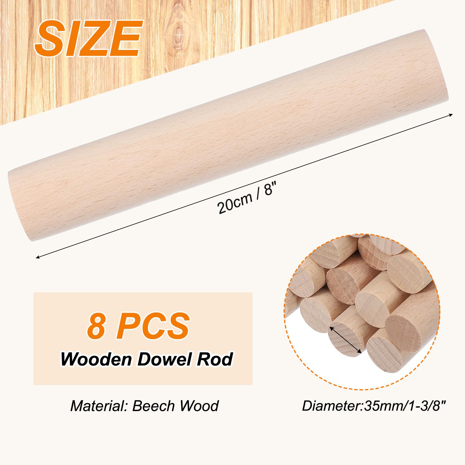 PATIKIL 1-3/8 x 8 Inch Wooden Dowel Rod - Image 2
