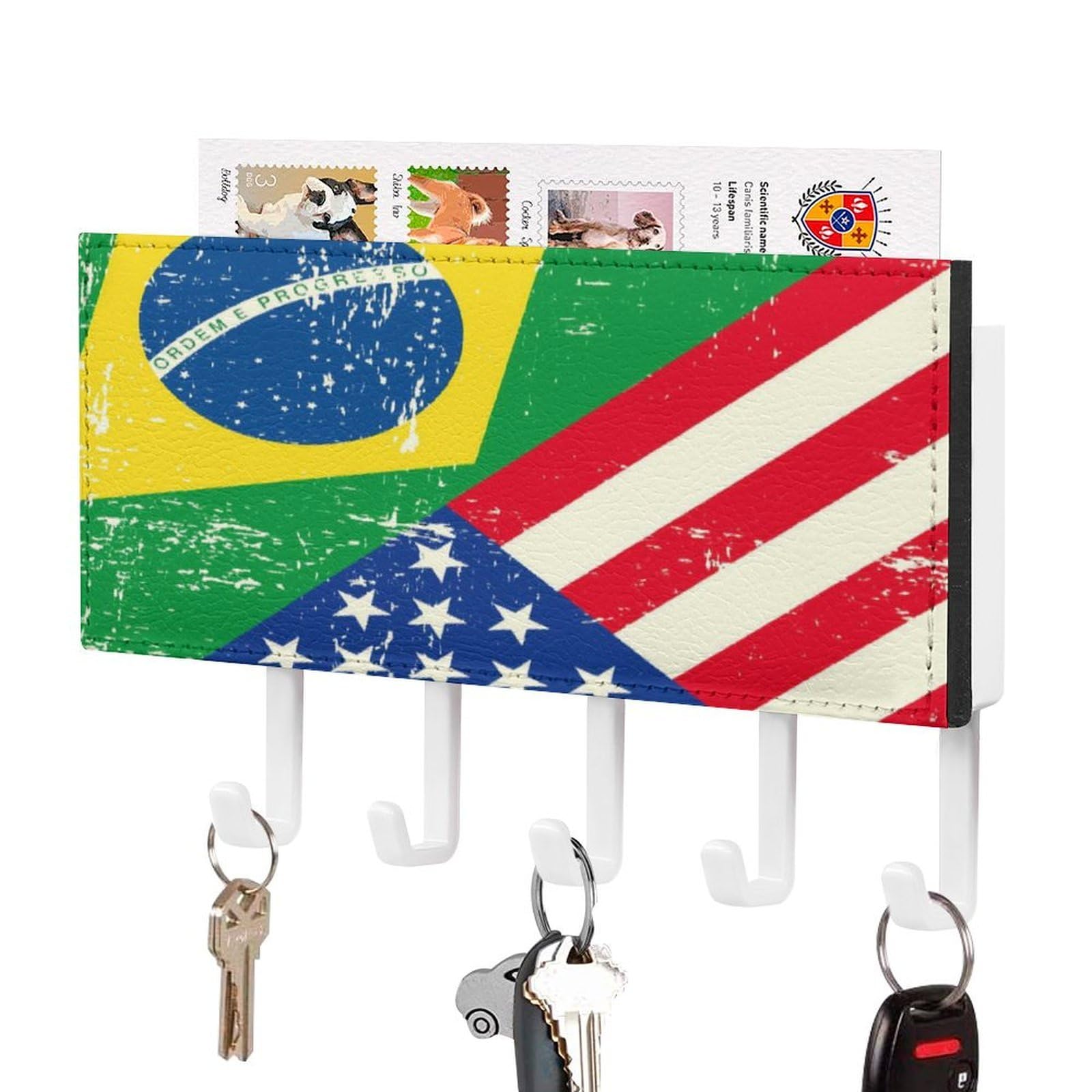 NCLQVJXZKHW Am-ericans-and Brazil Flag Key Holder with 5 Hooks Key Hooks Wall Mounted Key Racks Key Hanger Organiser Shelf