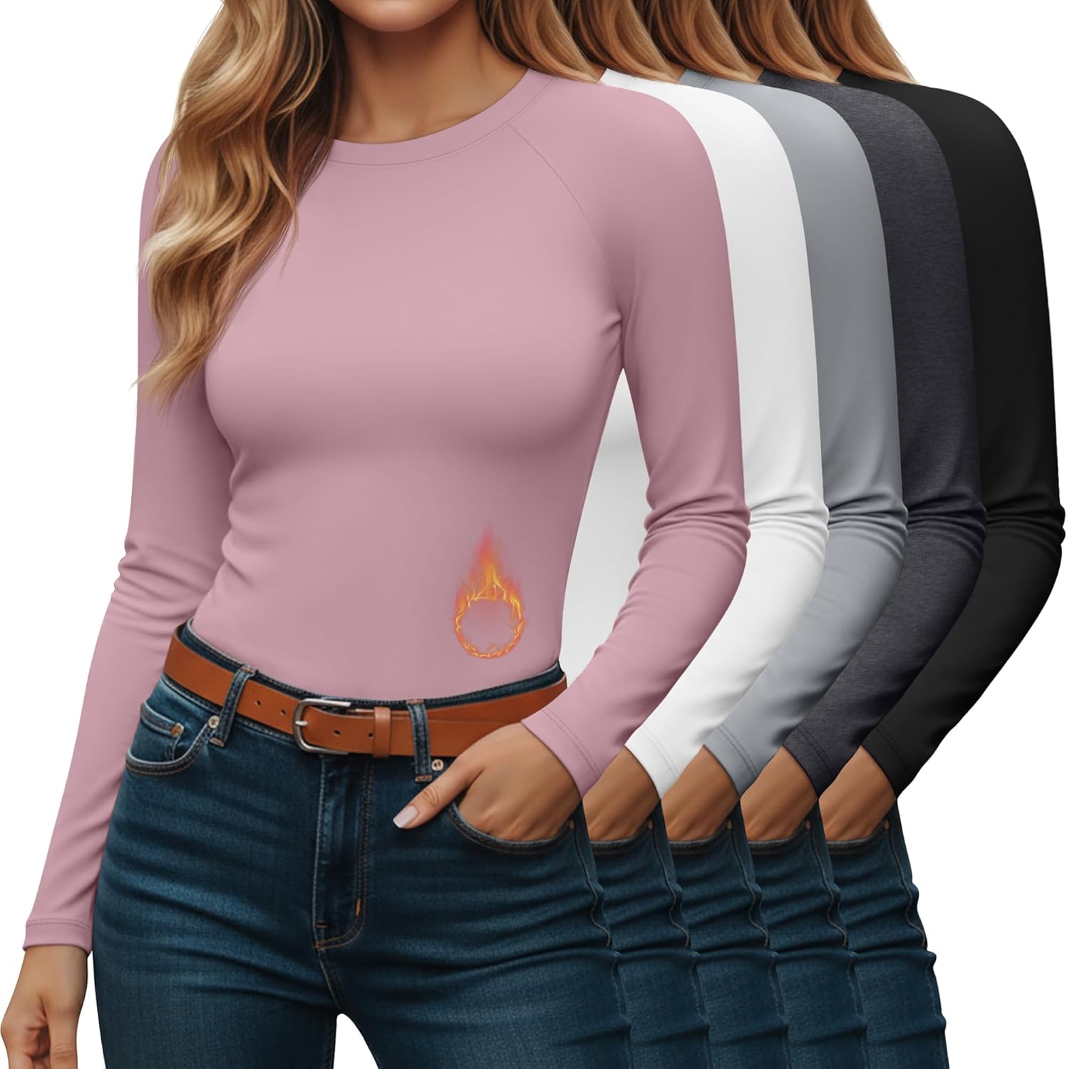 5 Pack Women's Thermal Shirts Long Sleeve Fleece Lined Crew Neck Undershirts Warm Raglan Tops Winter Base Layer