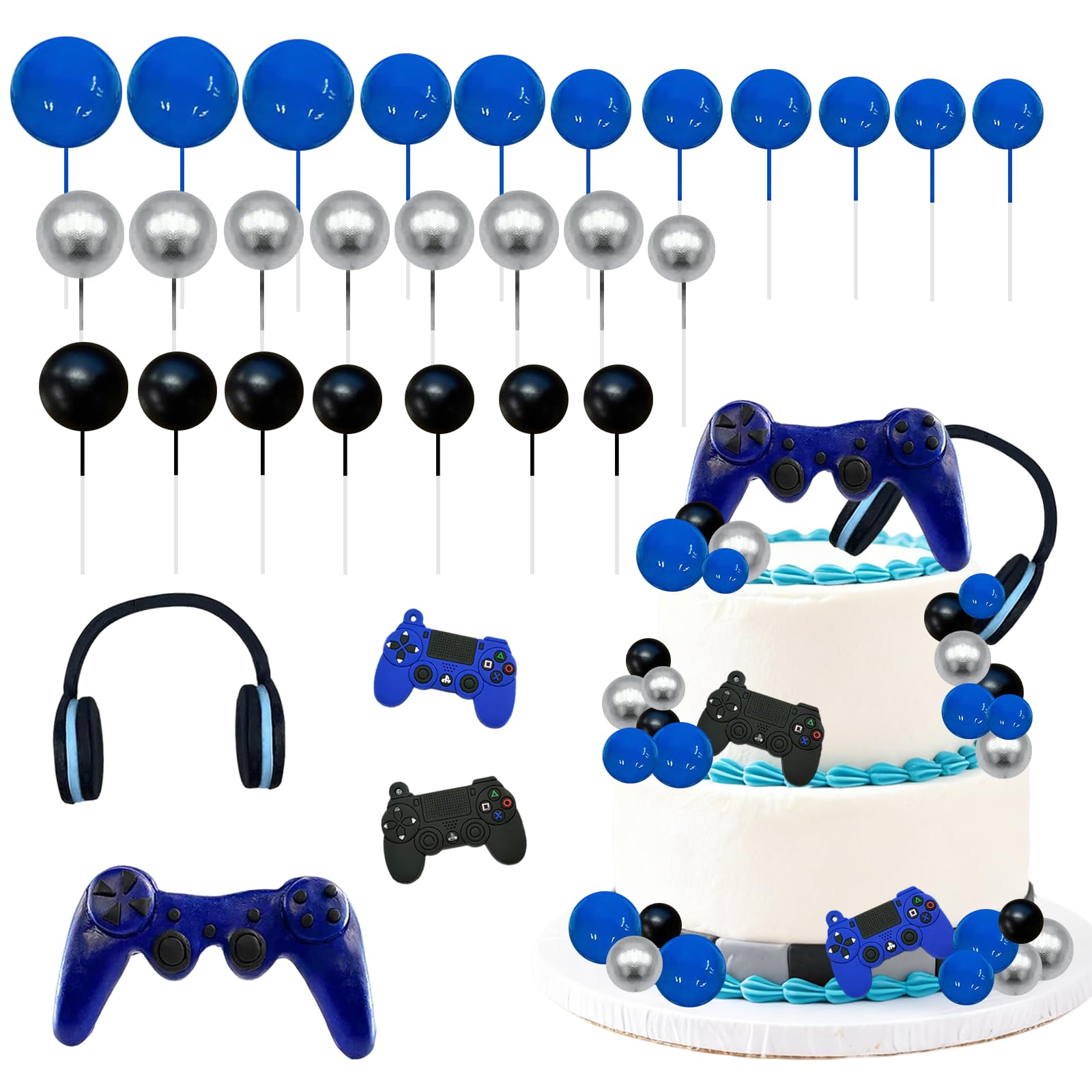 Qwrqwr Gaming Cake Topper with Headset and Balls Decorations for Gamer Birthday Baby Shower Party (Gaming Blue)