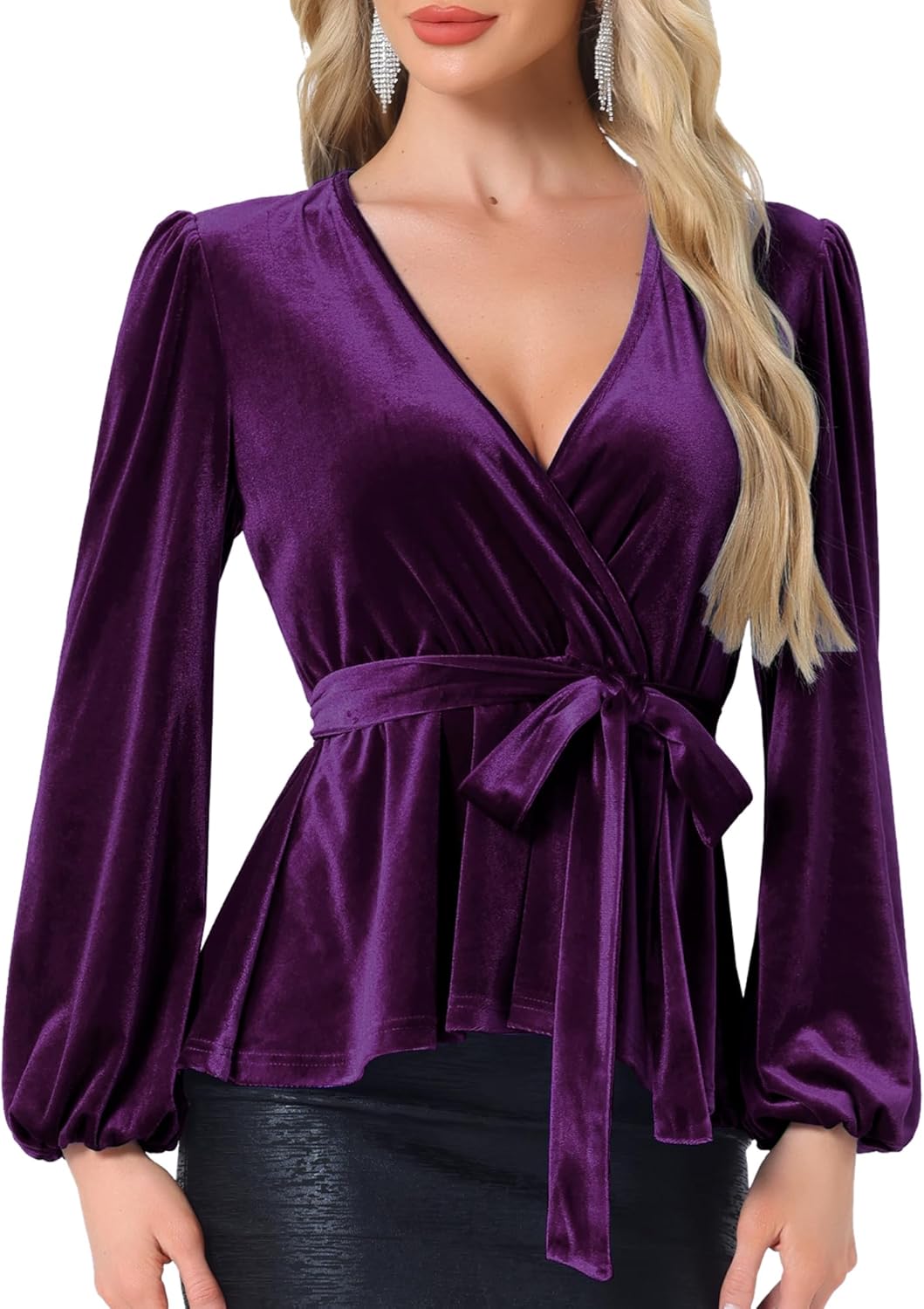Allegra K Velvet Blouses for Women's Elegant Tie Waist Long Sleeve V Neck Wrap Peplum Blouse Top