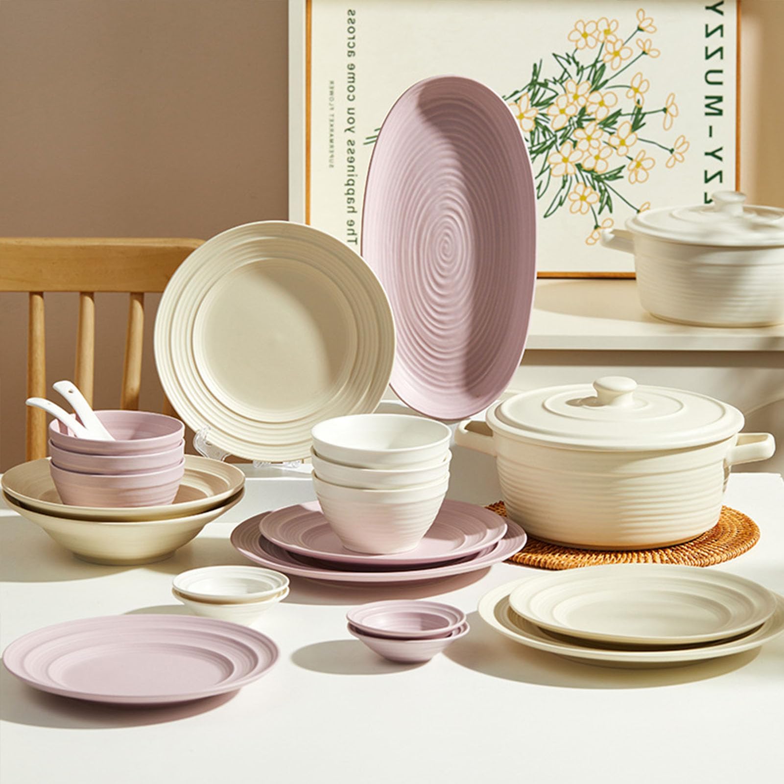 Service de Table en céramique (10 pièces) : Bols et Assiettes Beige Pastel et Lavande, Vaisselle élégante pour Les Repas Quotidiens