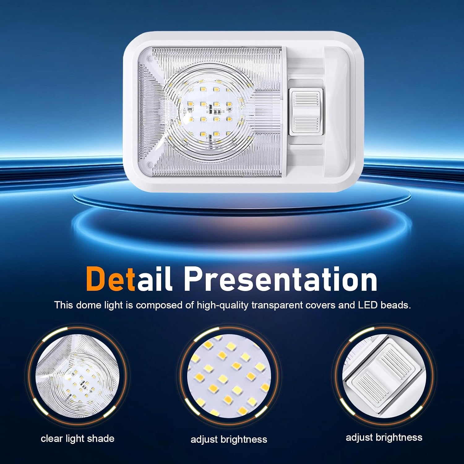 12V RV LED Ceiling Dome Light, 24-LED Super Bright Interior Lamp with Switch, Waterproof Anti-vibration PC Lens & ABS Housing Reading Light, for Most Car RV Camper Trailer (White)
