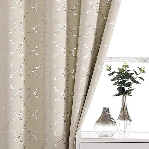 Enactex Cortinas 100% opacas completas de 63 pulgadas de largo, con aislamiento térmico, color beige, con patrón geométrico plateado metálico,