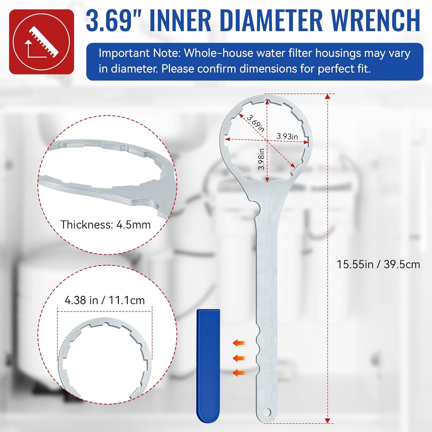 ERETOW Whole House Water Filter Wrench 3.69 In, SPBW-11 Metal Water Filter Housing Wrench Compatible with GE WX5X140 FXWPC FXWSC GXWH01C GXSV10C Filter Housing