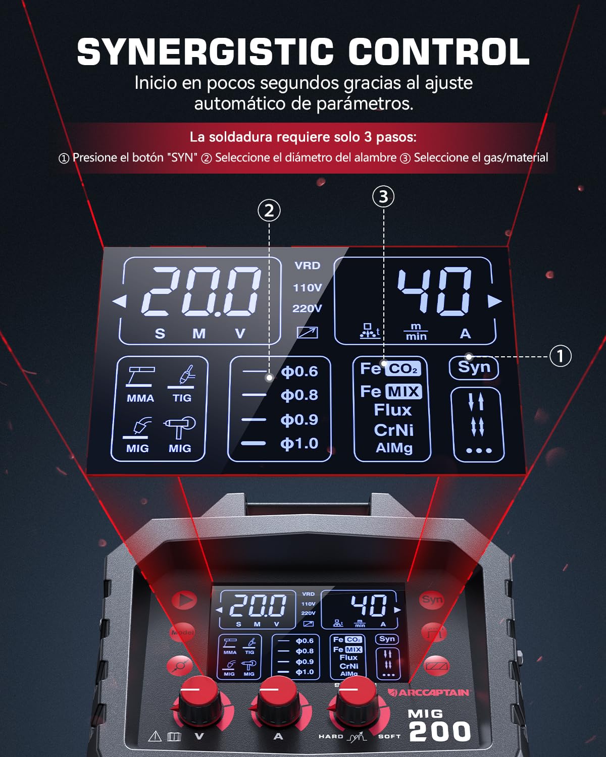 ARCCAPTAIN Soldador MIG MAG de 200A, 6 en 1 Totalmente Sinérgica, para Hilo Tubular/Sin Gas MIG/Gas MIG/MMA E-Hand/LIFT TIG/Soldadura Puntos, Soldador Inverter IGBT de 230V