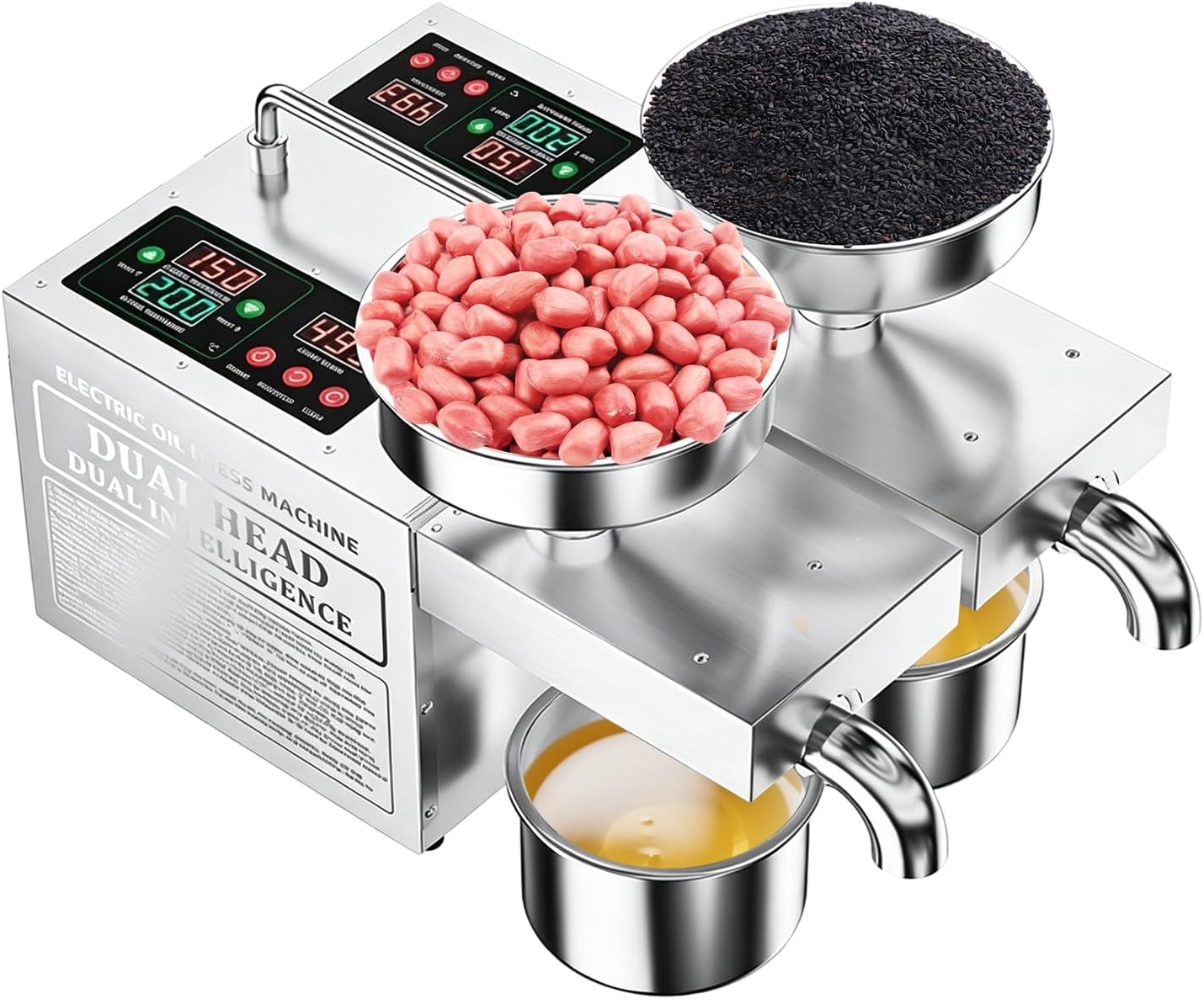 Upgraded 1500W Dual Head Intelligent Temperature Control Oil Press, Double Oil Outlet Stainless Steel Extractor, Smart Energy-Saving Dual Independent Digital Control, 24H Continuous Working, 110V 60Hz