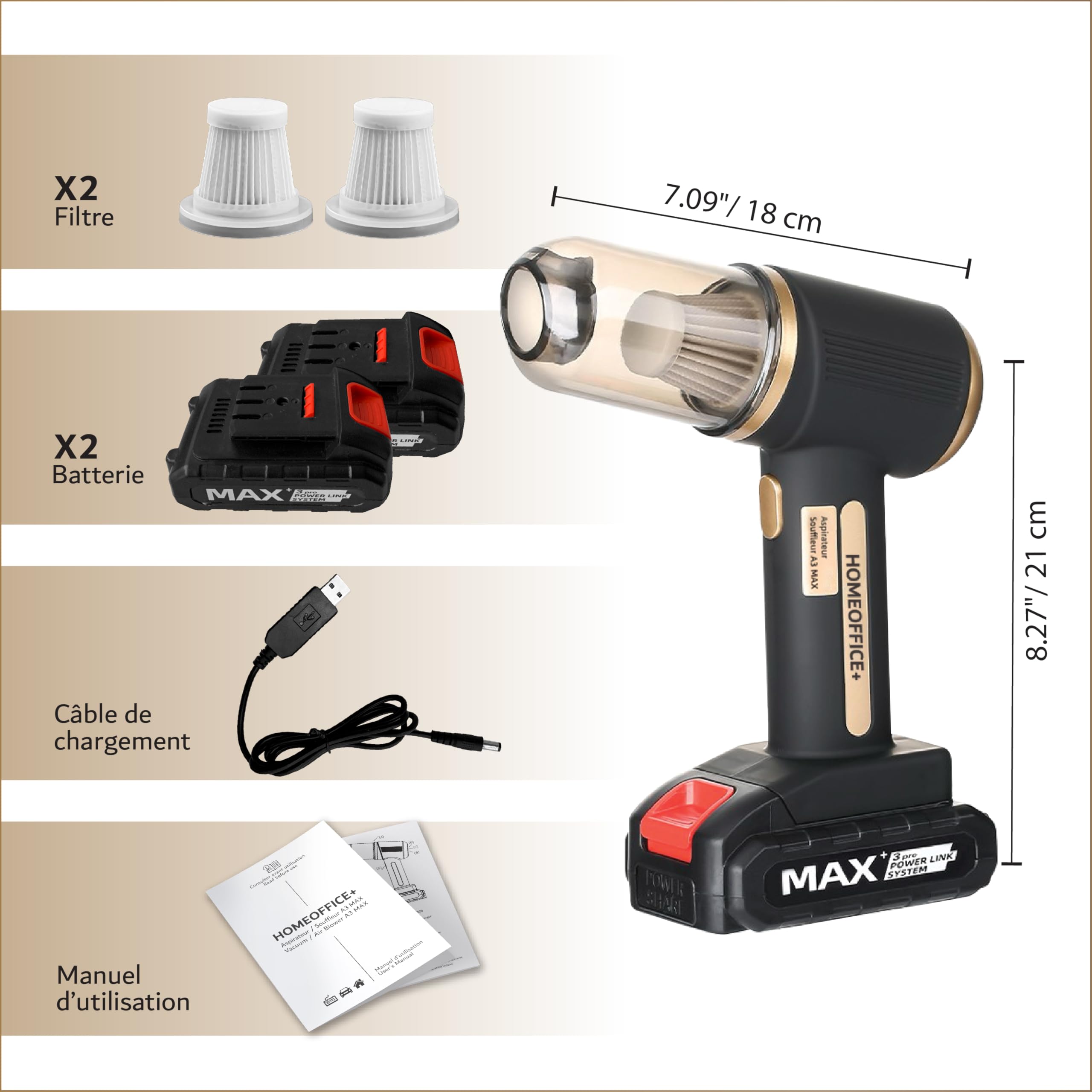 A3 MAX Mini Aspirateur Souffleur, Aspirateur Voiture à main Vacuum sans fil, batterie amovible rechargeable USB. Moteur 120W. Deux vitesses adaptées pour voiture bureau PC maison vétérinaire.