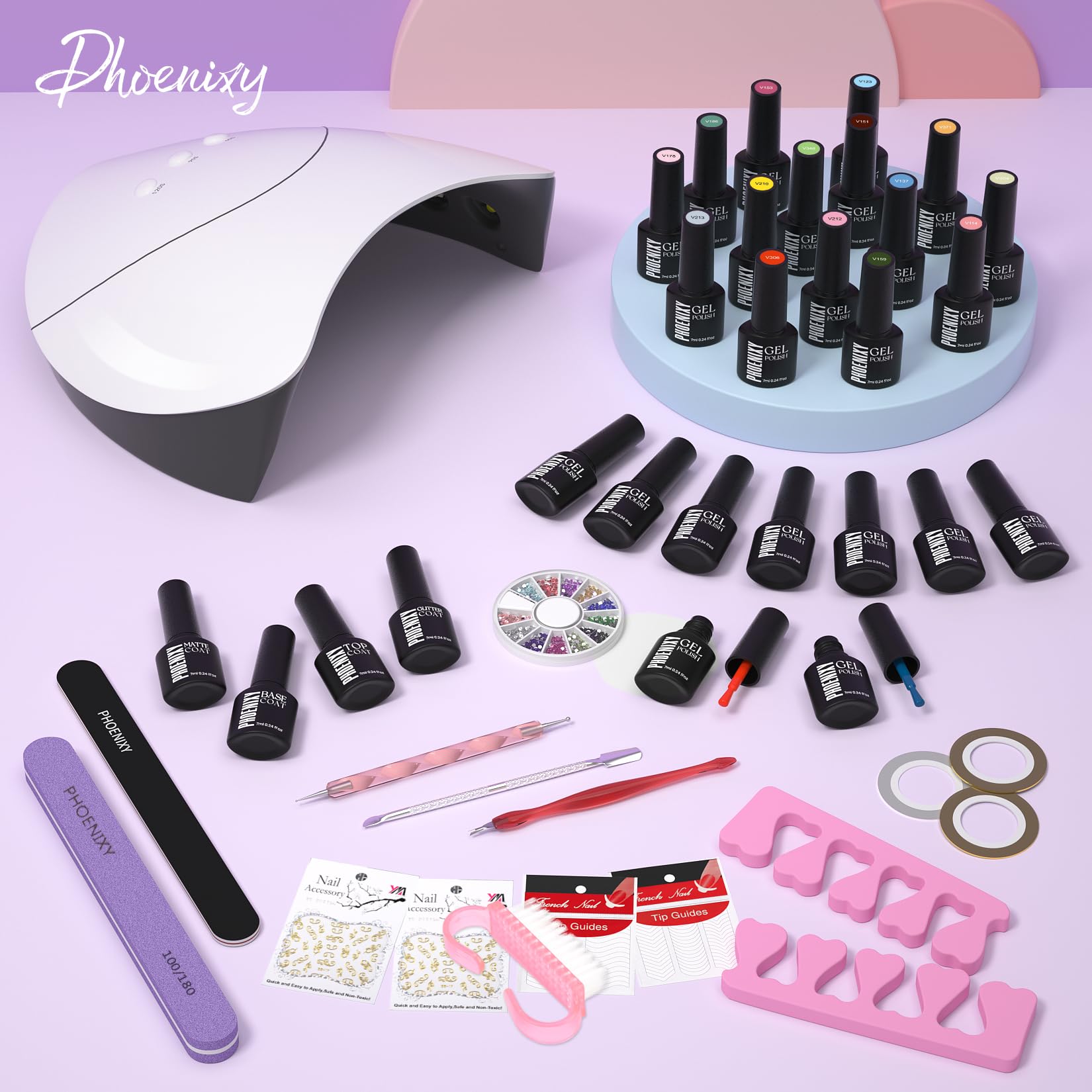 Phoenixy Kit Uñas Semipermanentes con Lampara Uñas Semipermanentes, 24Pcs 72 Efectos Uñas Kit Completo con Brillo Mate Glitter Top Coat, Kit Manicura Semipermanente de Regalo
