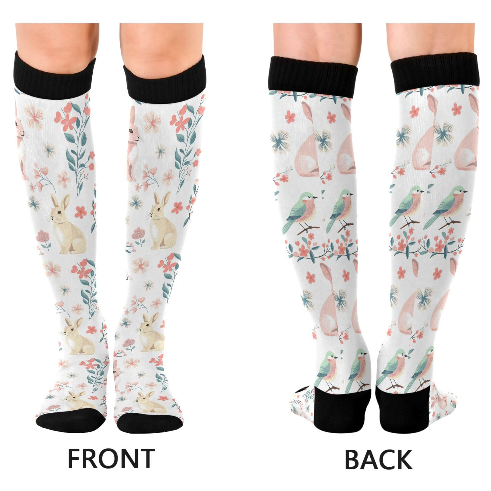 Dussdil Spring Bunnies Flowers Bird Compression Socks for Women Men Rabbits Circulation Long Knee Socks for Sport Gym Stockings Socks
