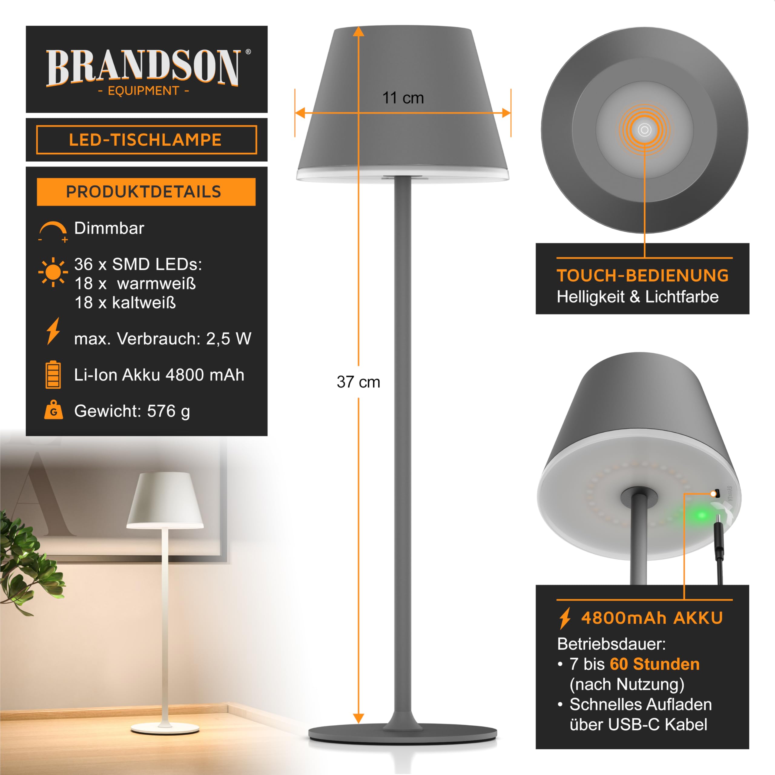 Brandson - 3 x LED Tischlampe kabellos dimmbar - mit Akku aufladbar - 3 Farbstufen - warmweiß neutralweiß kaltweiß - Metall - - Tischleuchte - Nachttischlampe - Leselampe - Indoor/Outdoor - anthrazit