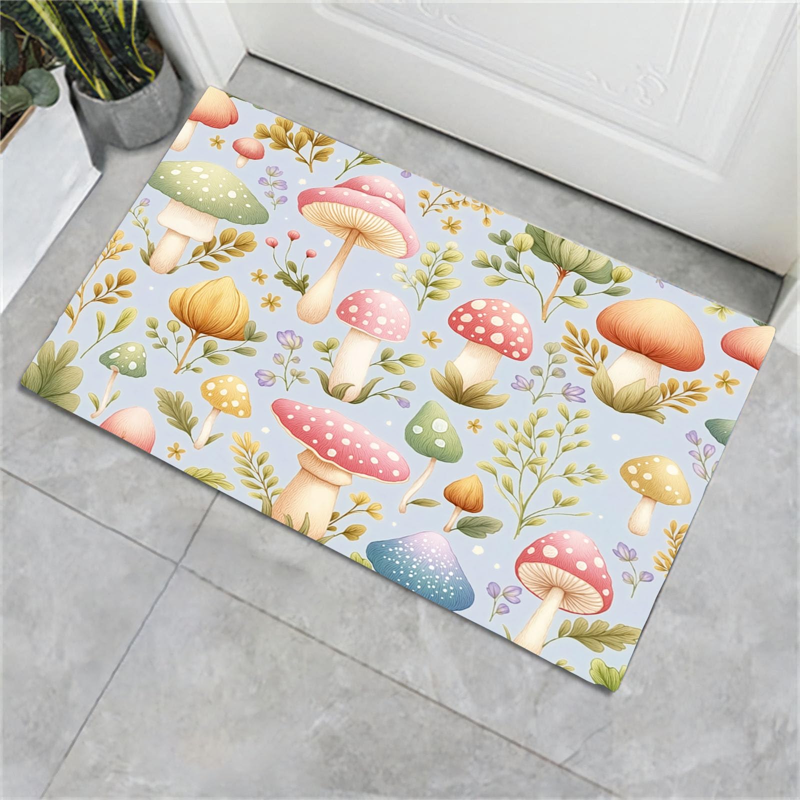 Tapis forêt de champignons bleu clair 90x150cm lavable et tapis plante de dessin animé