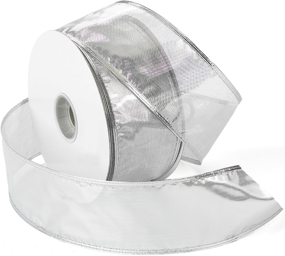 Morex Ribbon 7417.60/50-631 Morex Gleam 2.5" X 50 YD Wired Ribbon for Gift Wrapping, Silver, Flower Bouquet Ribbons for Crafts, Valentines, Baby Showers, Graduation Baskets, and Wedding Decorations