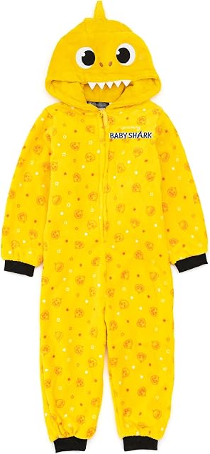 Baby Shark Onesie Children Toddlers | Boys Girls Yellow Shark Family Song All In One Pyjamas | Character Hood 3D Teeth Fin Fluffy Fleece With Zip