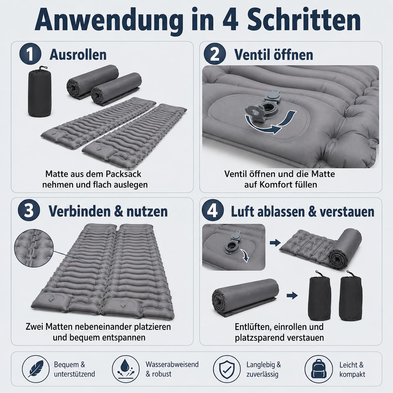 2 Stück Isomatte Camping mit Fußpumpe, 15CM Ultradicke Camping | Luftmatratze , kompakt und leicht für Wandern, Trekking, Outdoor und Strand, Grau