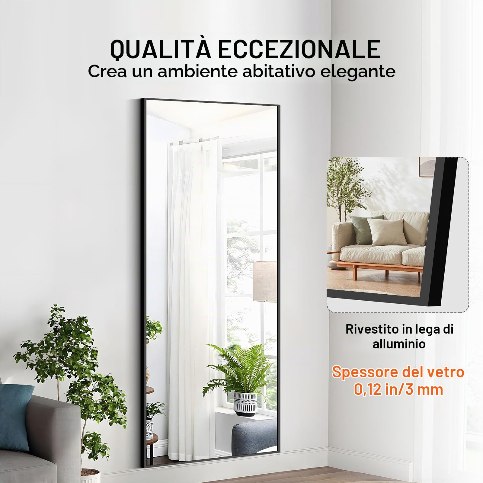 VEVOR Specchio a Figura Intera 1800 x 785 mm Extra Grande da Terra, Rettangolare, da Appendere o Appoggiare, Telaio in Lega di Alluminio, da Toeletta per Camera da Letto, Nero