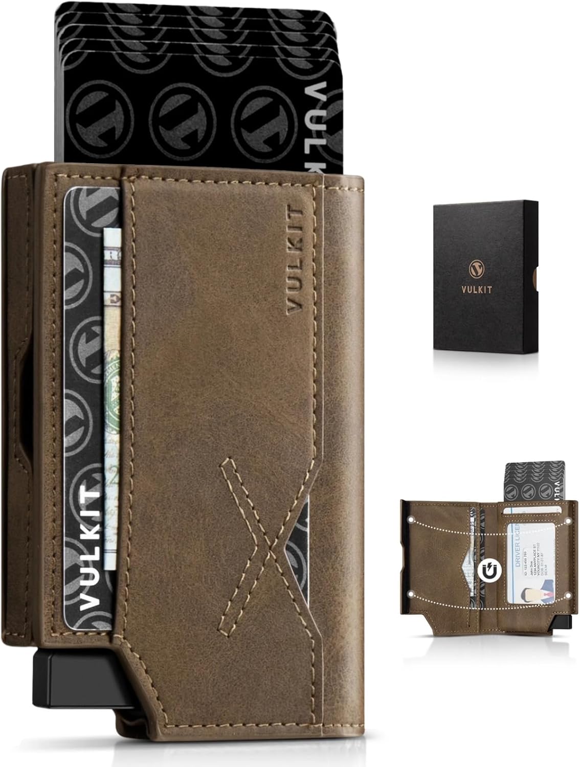 VULKIT Leather Minimalist Men's Wallet Pop Up Slim Front Pocket Credit Card Holder Wallet for Men Quick Card Access with ID Window, Chartreuse