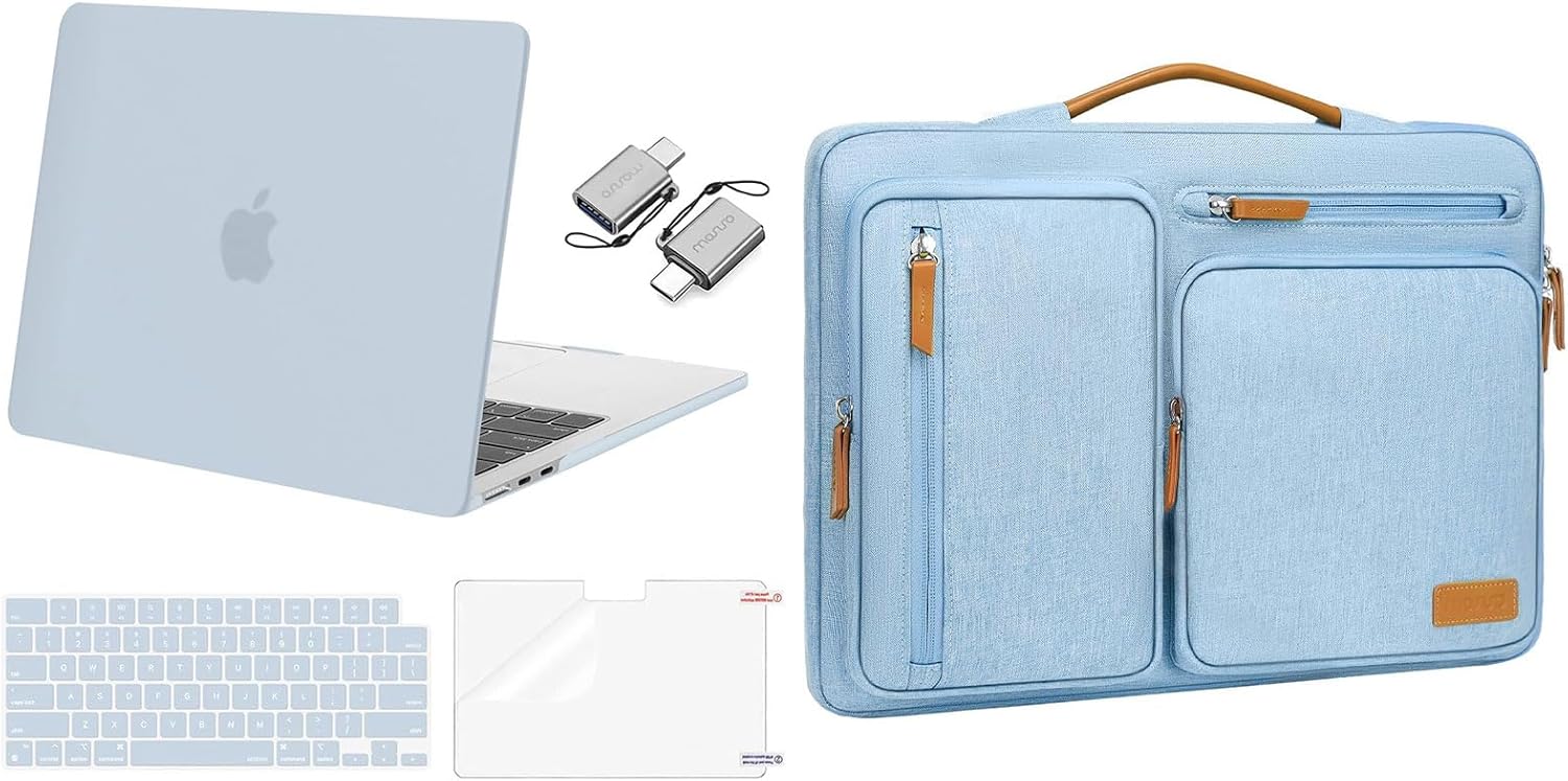MOSISO Compatible with MacBook Air 13 inch Case 2024 2023 2022 M3 A3113 M2 A2681 Touch ID, Plastic Hard Shell&Keyboard Cover&Screen Film&Type C Adapter&Side Open Bag, Baby Blue&Air Blue