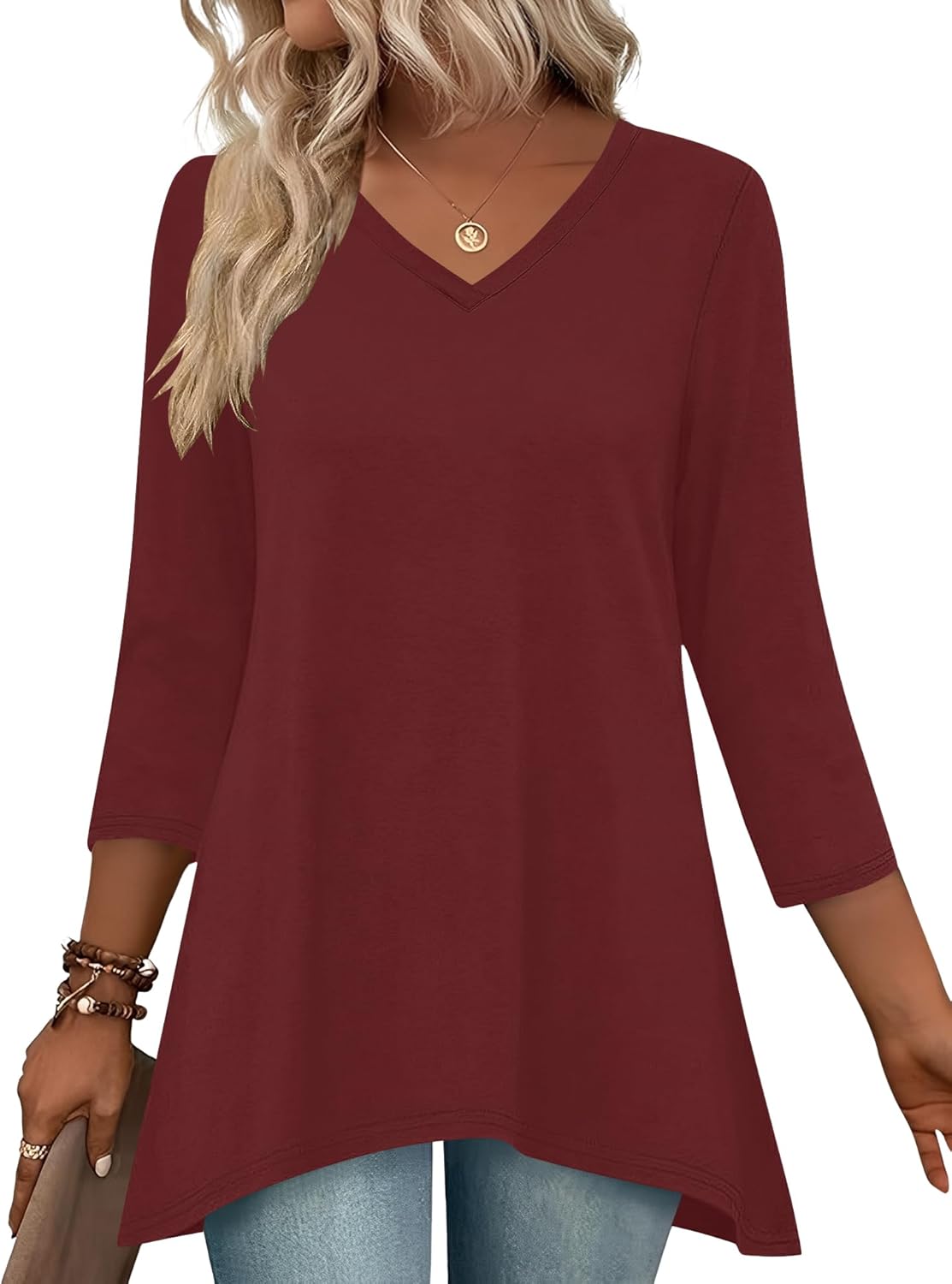 LUYAA 3/4 Length Sleeve Womens Tops V Neck Loose Fit Dressy Casual Blouse Flowy Shirts Plus Size Womens Clothing S-3XL