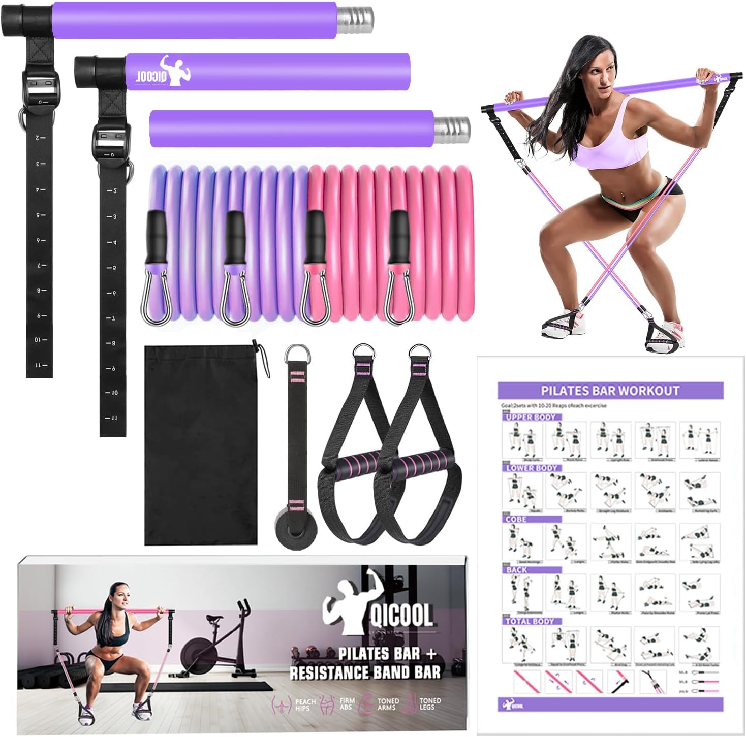 Pilates Bar Kit with Resistance Bands, Workout Sets for Women Men, Qicool Pilates Resistance Bands Exercise Fitness Equipment Home Gym Yoga, Multifunctional Full Body Pilates Bar Kit with Resistance Bands, Workout Sets for Women Men, Qicool Pilates Resistance Bands Exercise Fitness Equipment Home Gym Yoga, Multifunctional Full Body