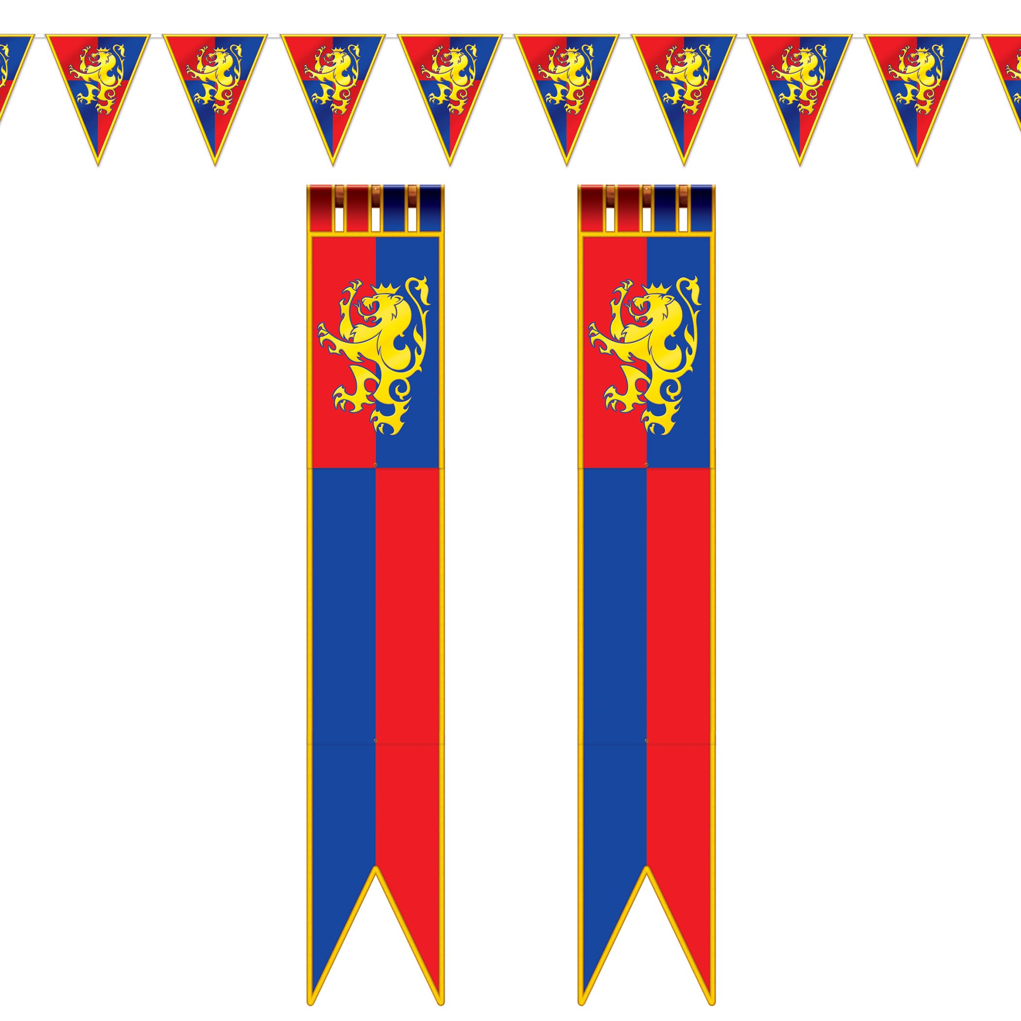 Décoration thème château fort avec découpes de chevalier et blason lion