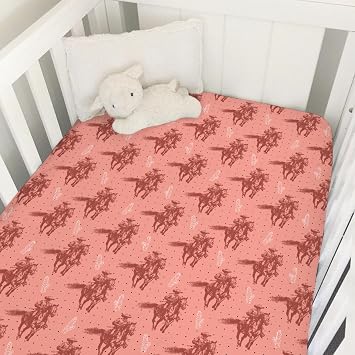 Pink Western Cowboy Cactus Baby Crib Sheets 52x28 Vintage Cowboy Horse Snug Fitted Crib Mattress Cover for Boy Girl Retro West Plants Soft Baby Bed Sheets for Standard Crib and Toddler Mattress