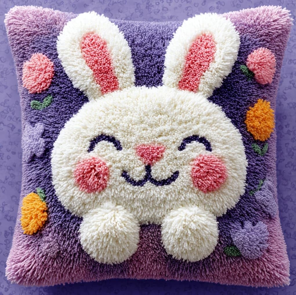 Wallustrioaw Lavender Diy Rug Cushion Kit, And Rabbit,Beginner Latch Hook Kit - Therapeutic Craft For Adults - Pre-Gridded Latch Canvas - Mothers Day Handmade Gift,17X17in