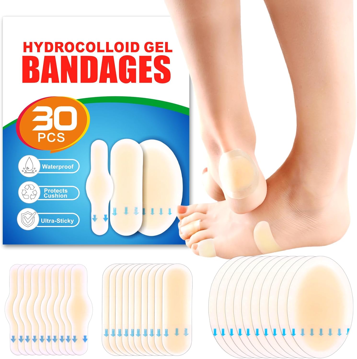 30pcs Hydrocolloid Blister Bandages - Waterproof Blister Bandages for Feet, Heels & Toes - Heel Blister Prevention & Recovery, Blister Pads
