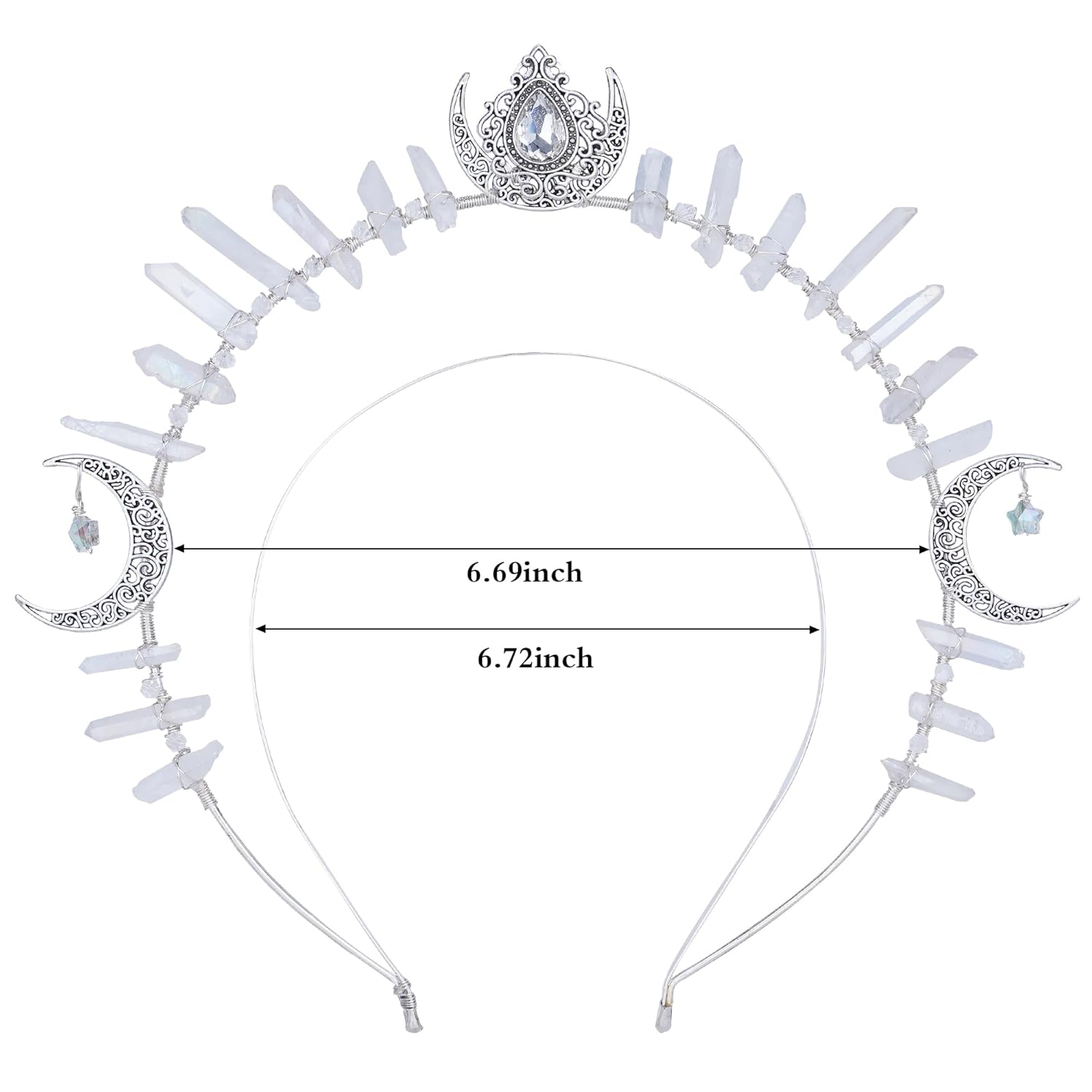 Moon Star Halo Crown - Renfaire Goddess Headband Handmade Silver Quartz Crystal Gothic Headpiece for Women Wedding Birthday Cosplay Party Photography - Image 5