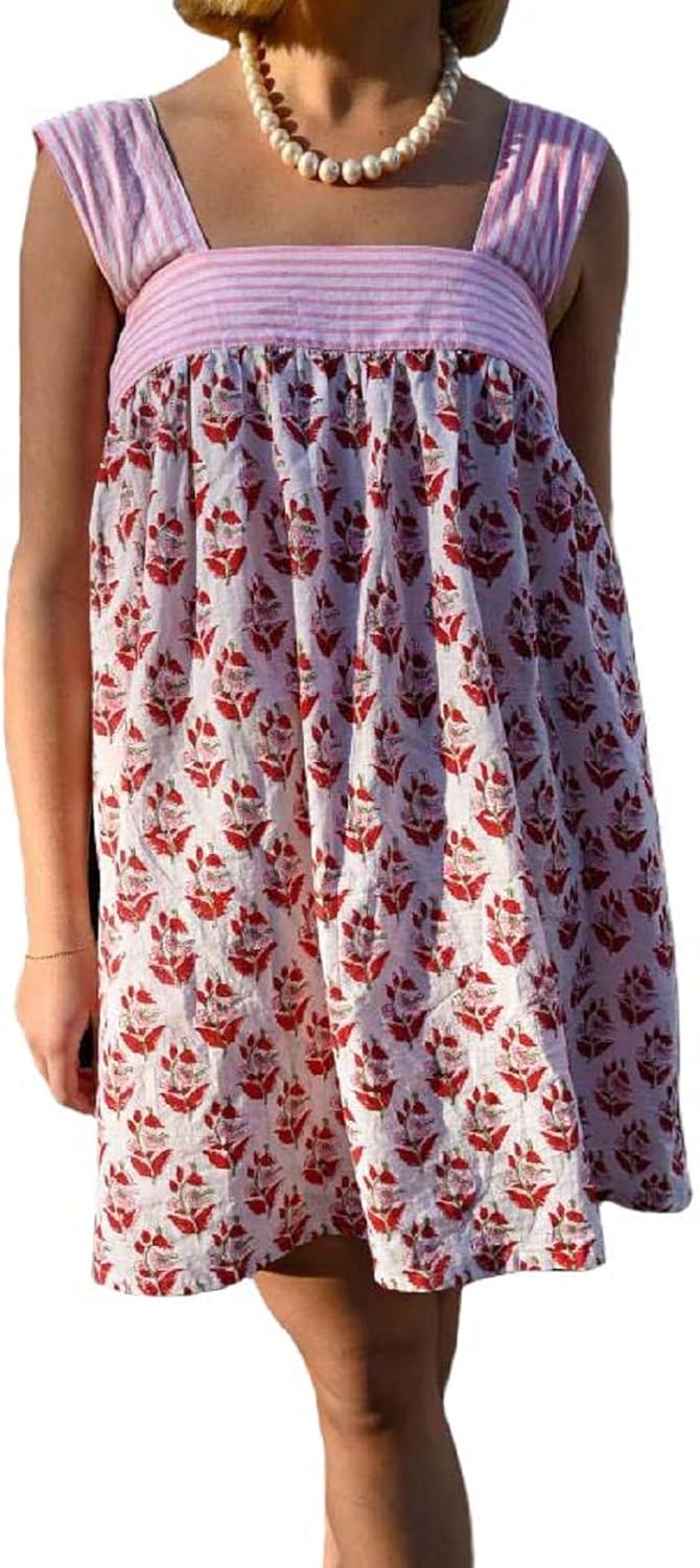 Women Tie Shoulder Mini Dress Floral Ruffle Babydoll Dress Boho Square Neck Sundress Cute Summer Dresses