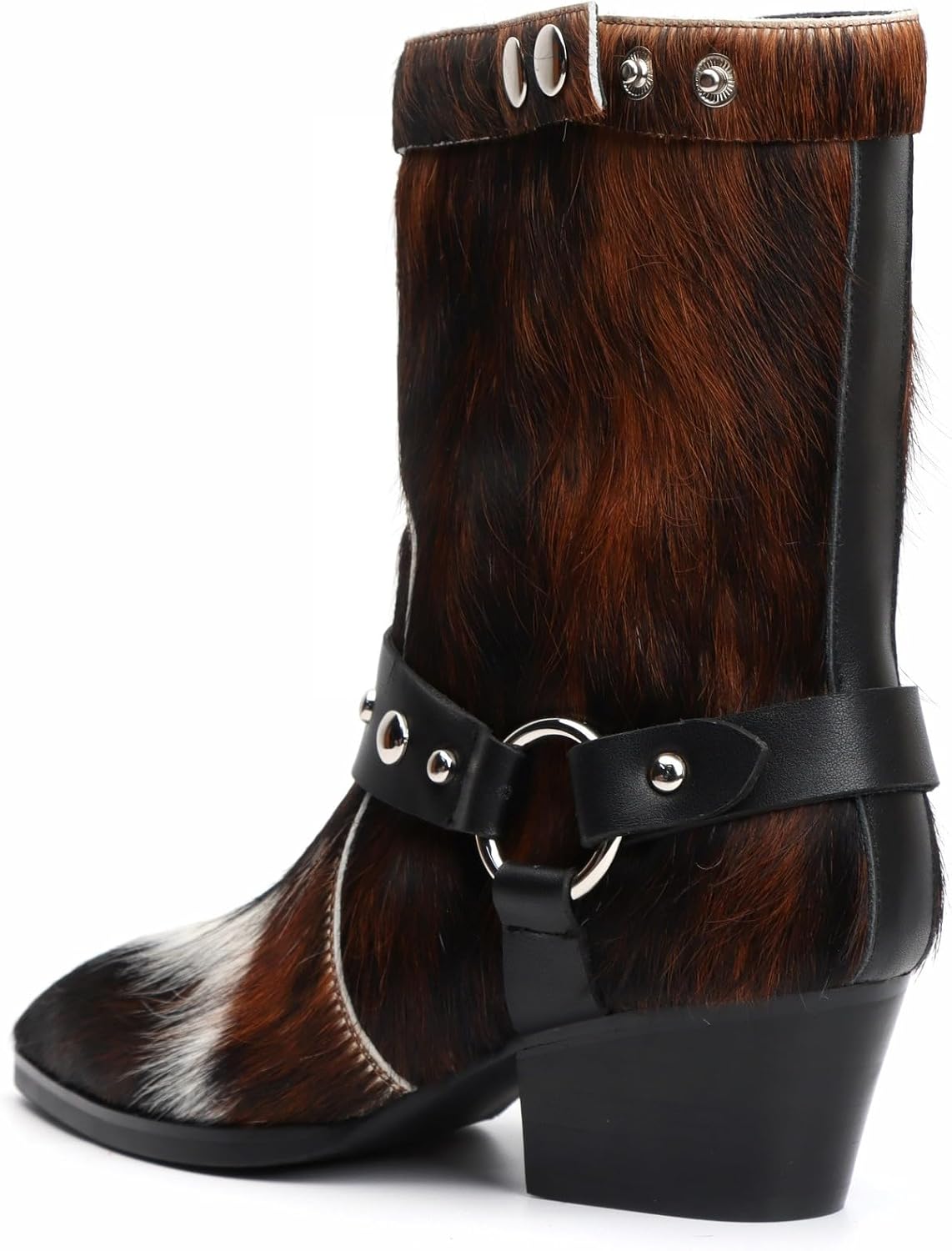 XOBZJH Women's Western Cowgirl Boots – Genuine Calf Hair Leather Mid-Calf Cowboy Boots with Harness Strap, Pointed Toe & Block Heel Rodeo Festival Fashion Shoes