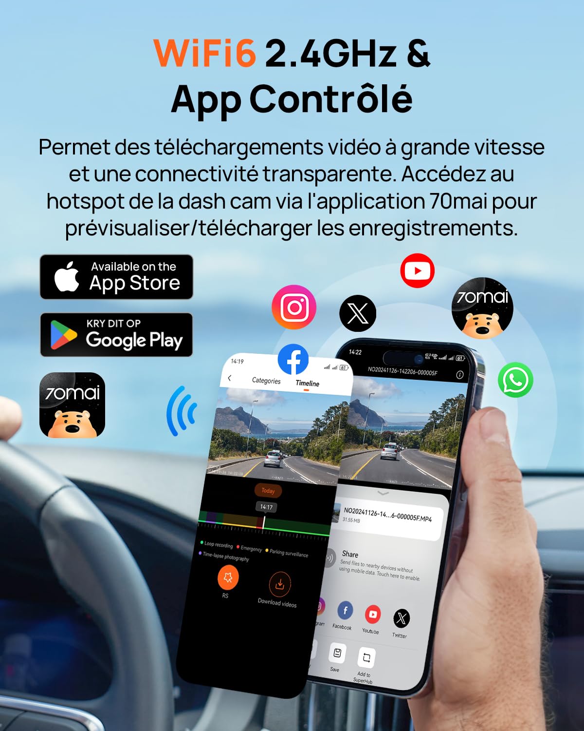 70mai Dash Cam Voiture 4K A800SE - Caméra Double (4K UHD Avant+1080P Arrière) avec GPS, Wi-FI, microSD 128GB Go, Ouverture F1.55, Vision Nocturne, ADAS, Écran IPS 3", Surveillance Stationnement 24/7